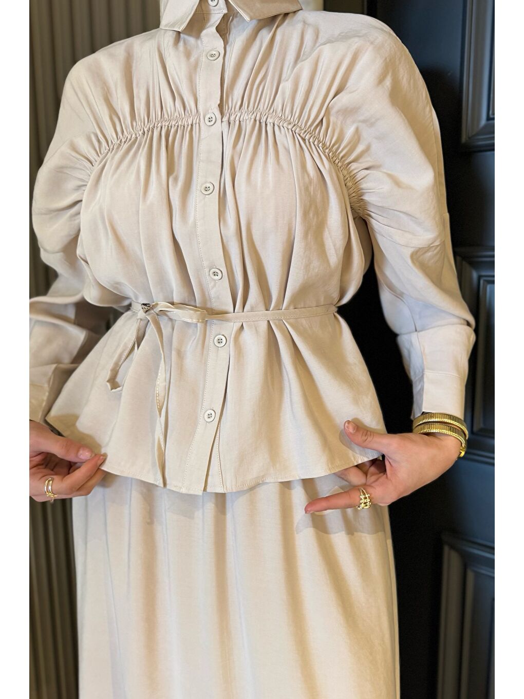 Bej Kadın Büzgü Detaylı Bel Bağlamalı Tunik Etek İkili Takım-4