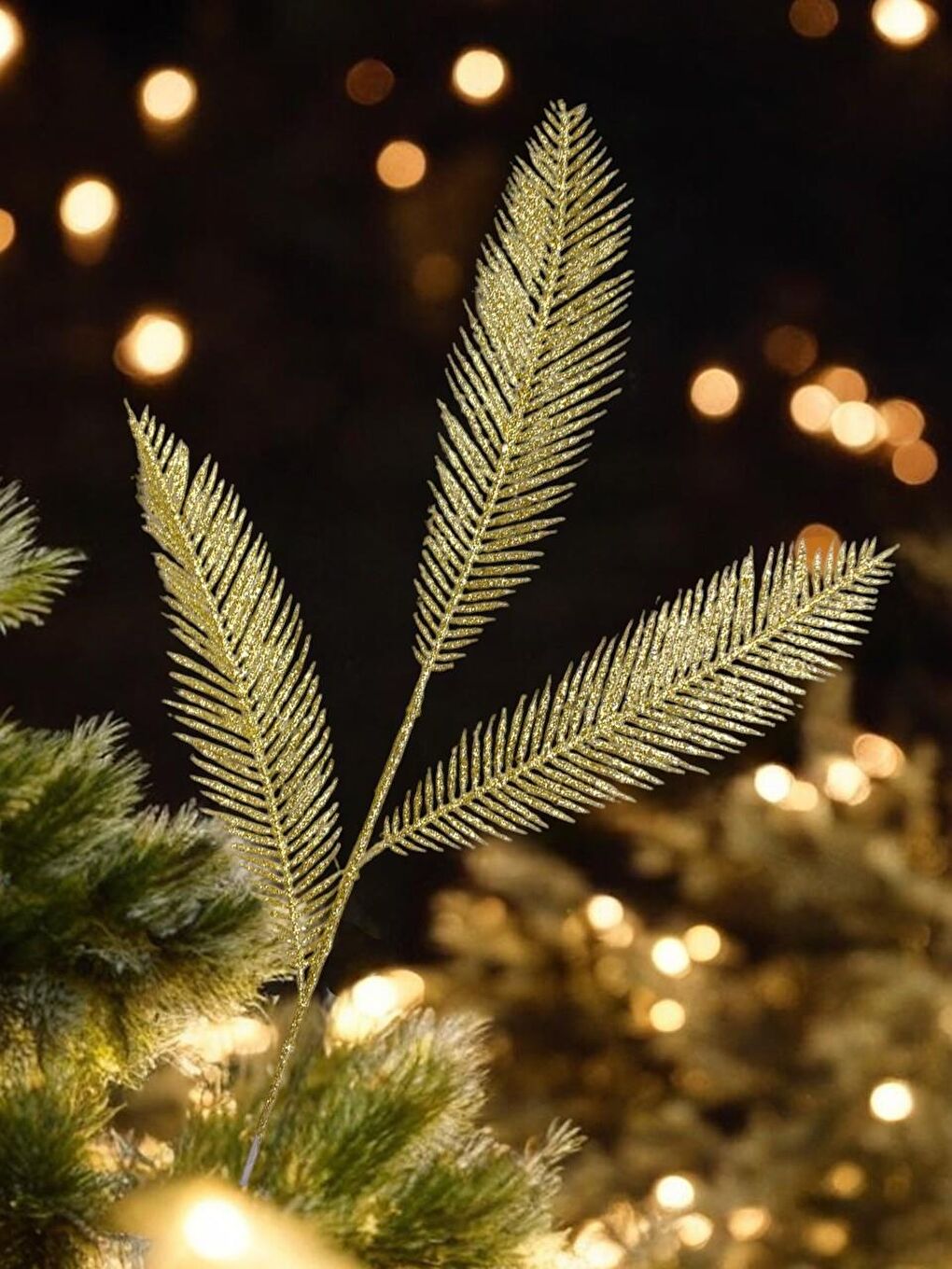 Sarı Yılbaşı Dekoru Simli Yaprak Figürlü Süslü Dekoratif Dal Altın 85 cm