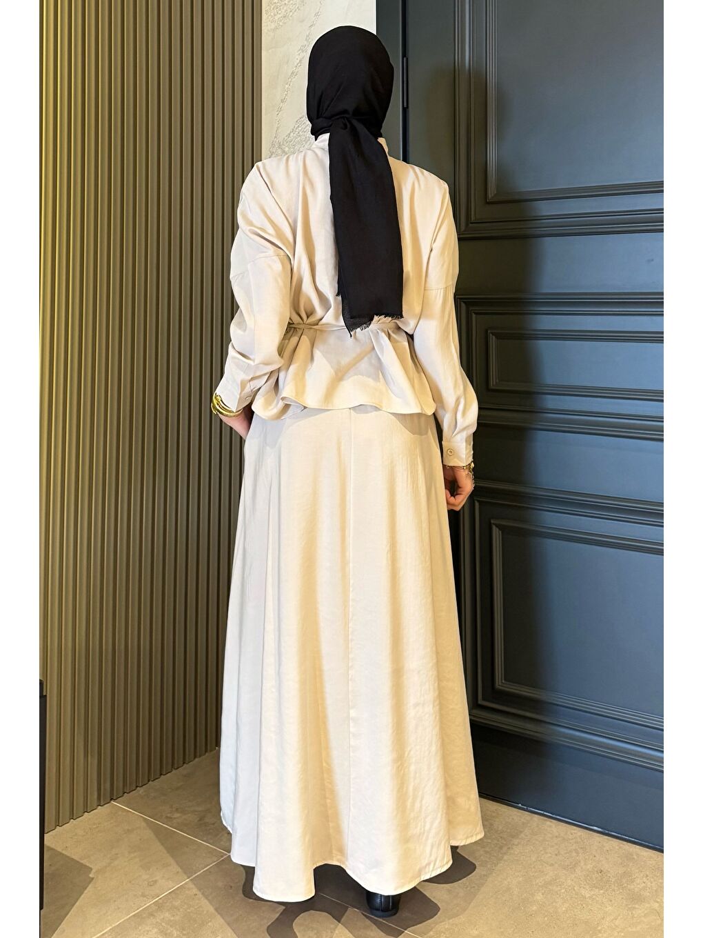 Bej Kadın Büzgü Detaylı Bel Bağlamalı Tunik Etek İkili Takım-7