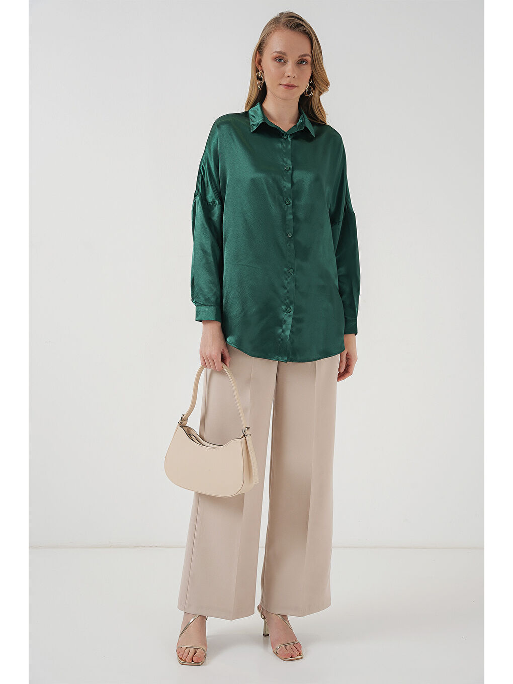 3985 Oversize Saten Gömlek - Zümrüt Yeşili-1