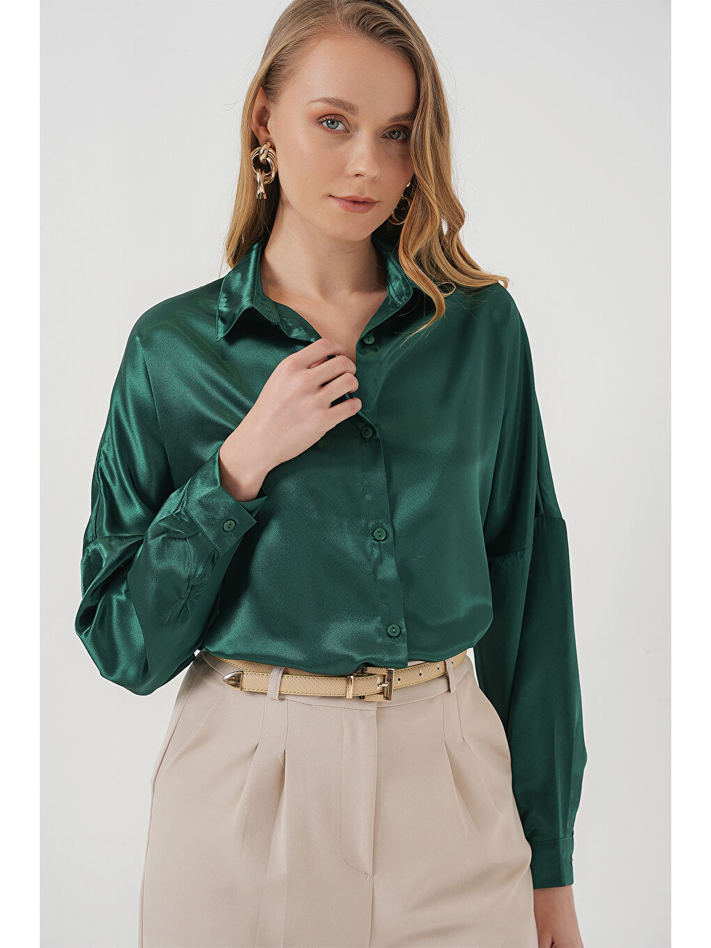 3985 Oversize Saten Gömlek - Zümrüt Yeşili-2