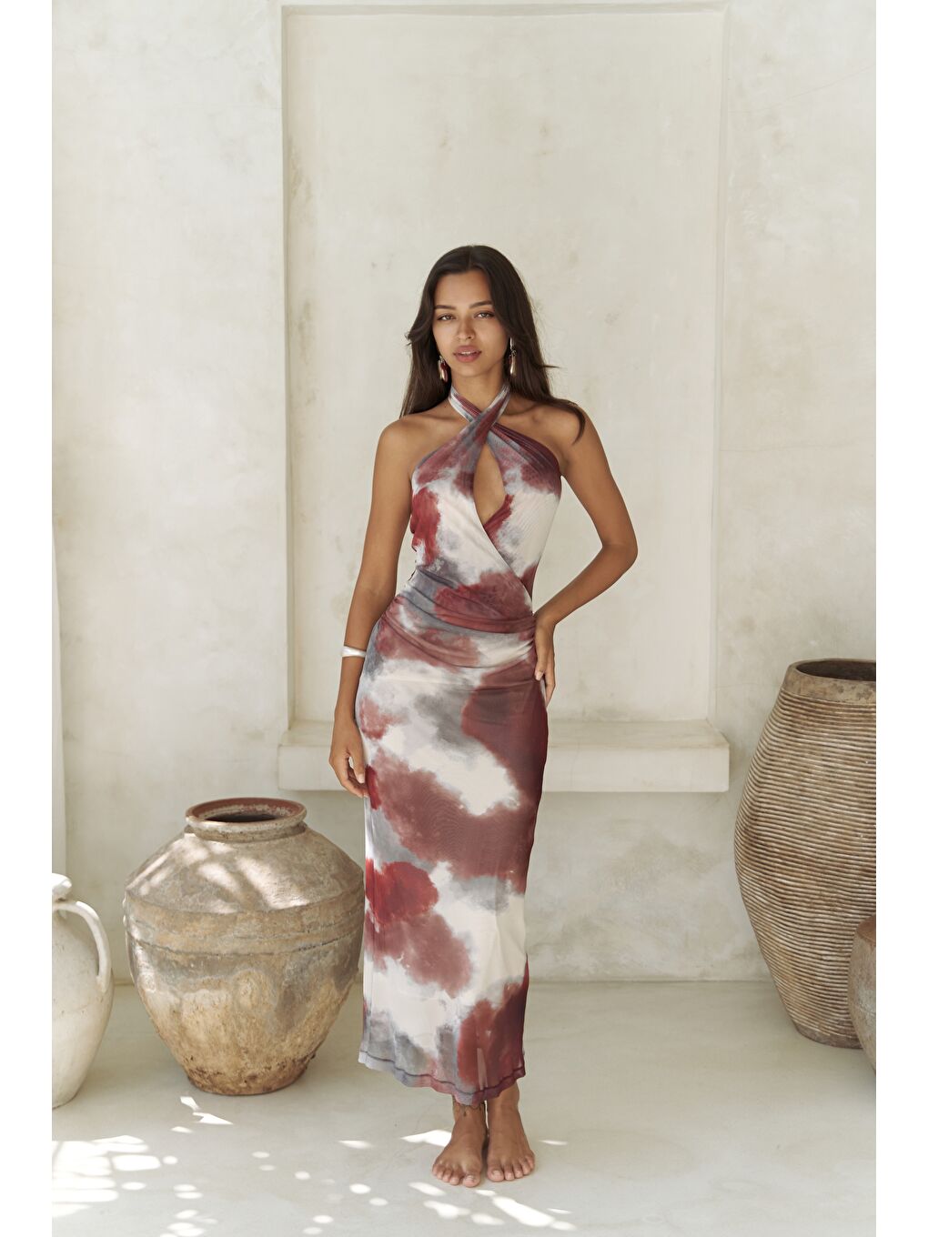 Keefnes Kruvaze Bordo Uzun Elbise-1