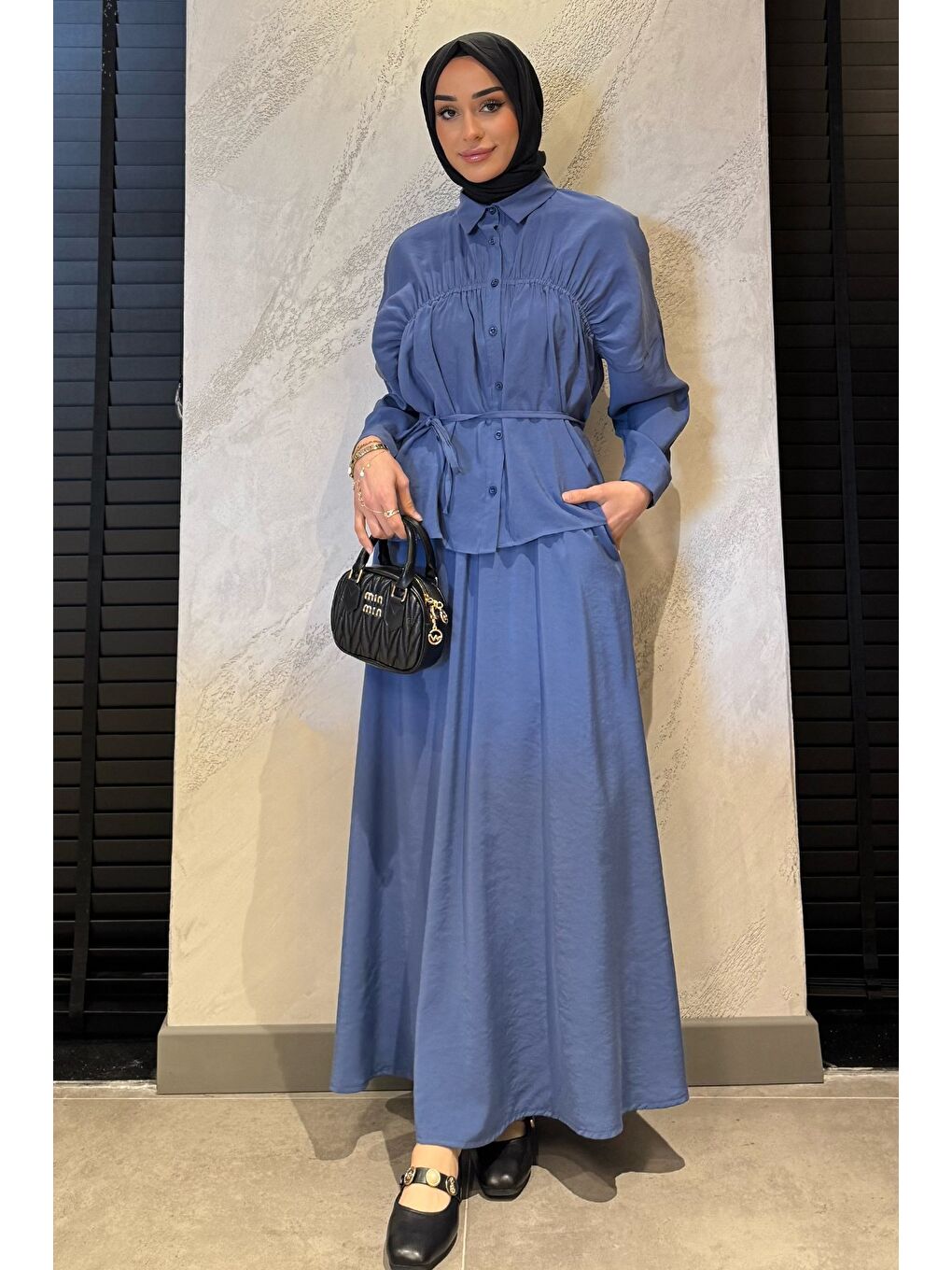 İndigo Kadın Büzgü Detaylı Bel Bağlamalı Tunik Etek İkili Takım-2