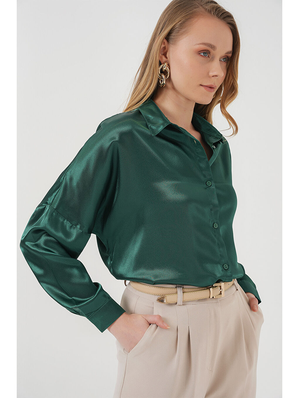 3985 Oversize Saten Gömlek - Zümrüt Yeşili-3