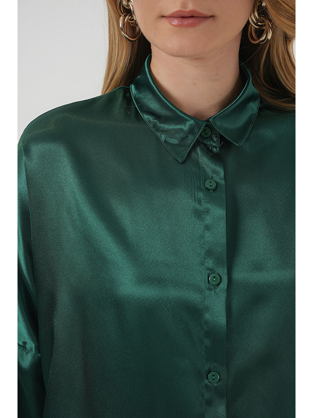 3985 Oversize Saten Gömlek - Zümrüt Yeşili-4