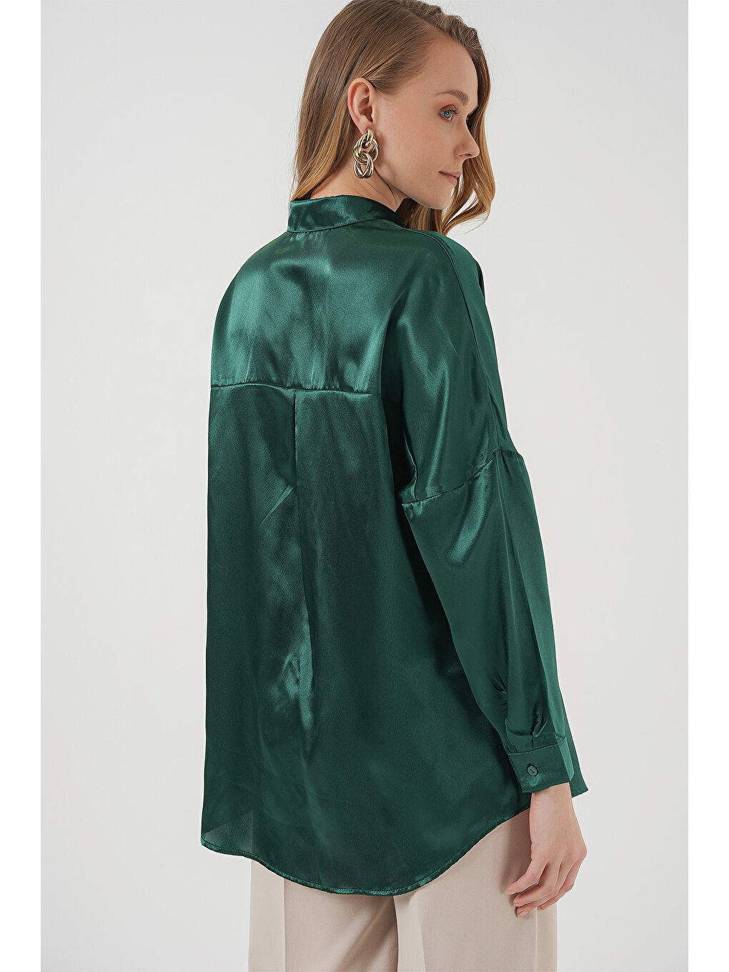 3985 Oversize Saten Gömlek - Zümrüt Yeşili-5