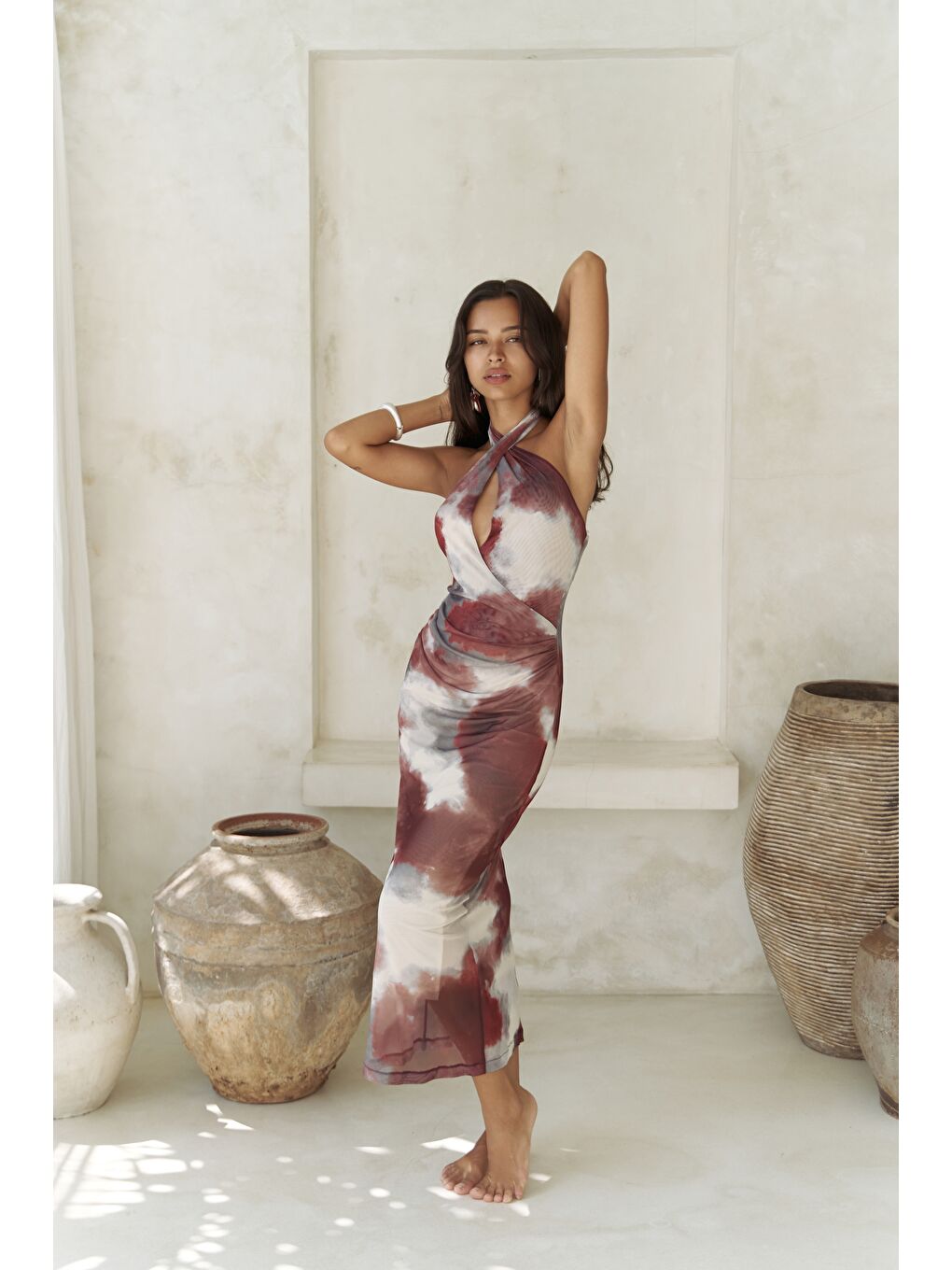 Keefnes Kruvaze Bordo Uzun Elbise-2