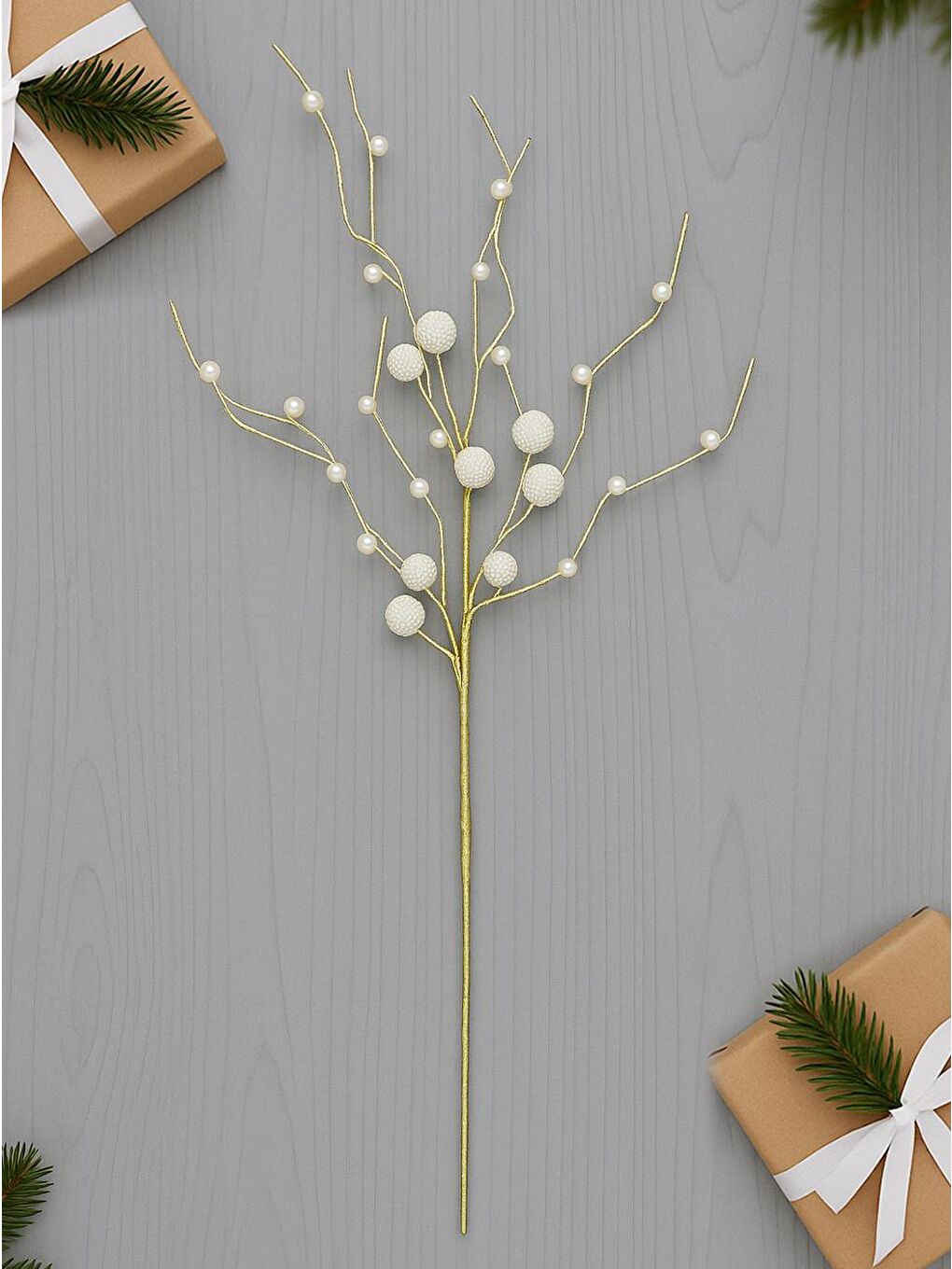 Beyaz Yılbaşı Dekoru İnci Top Detaylı Dekoratif Dal Süsü 75 cm