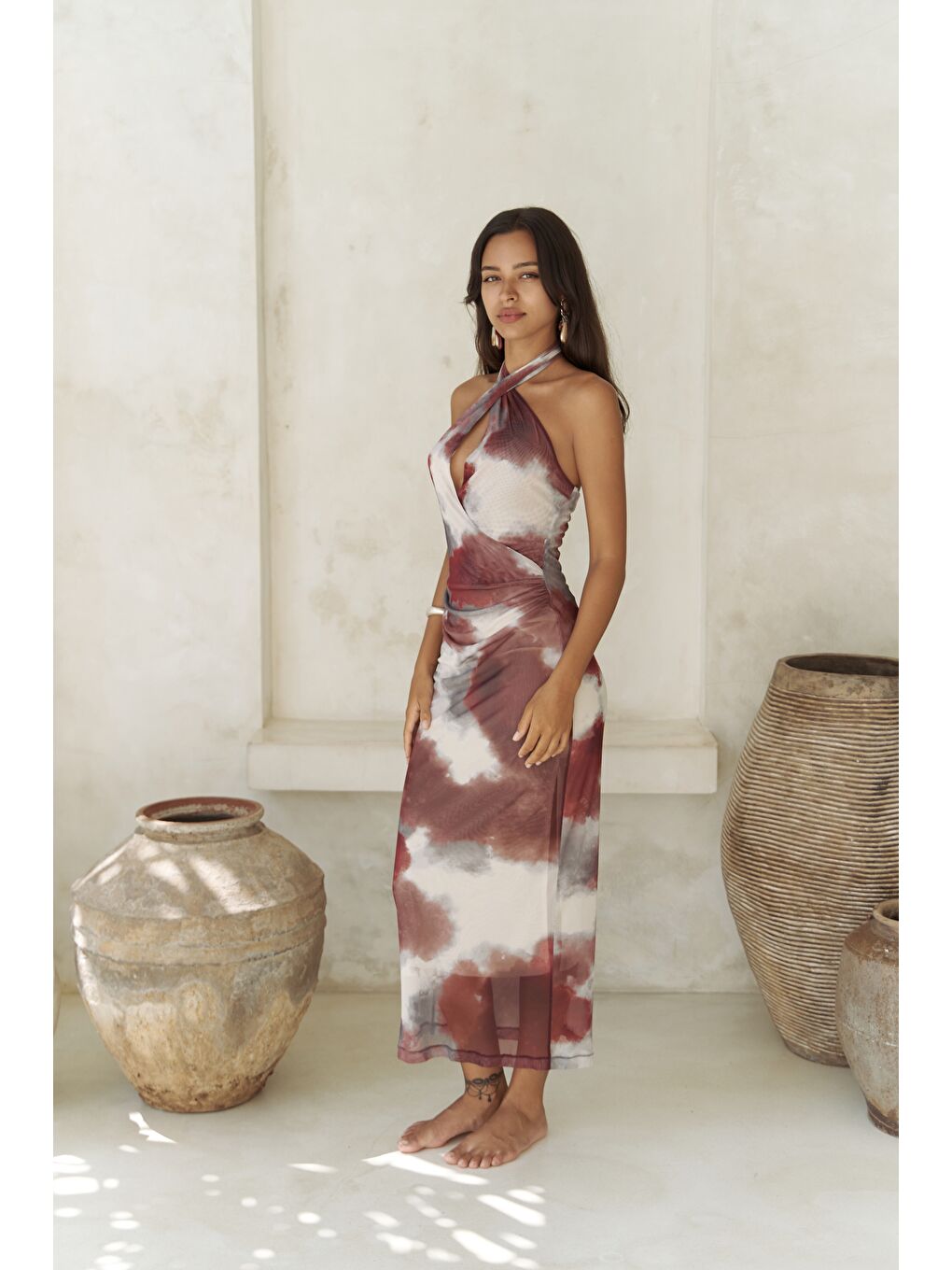 Keefnes Kruvaze Bordo Uzun Elbise-3