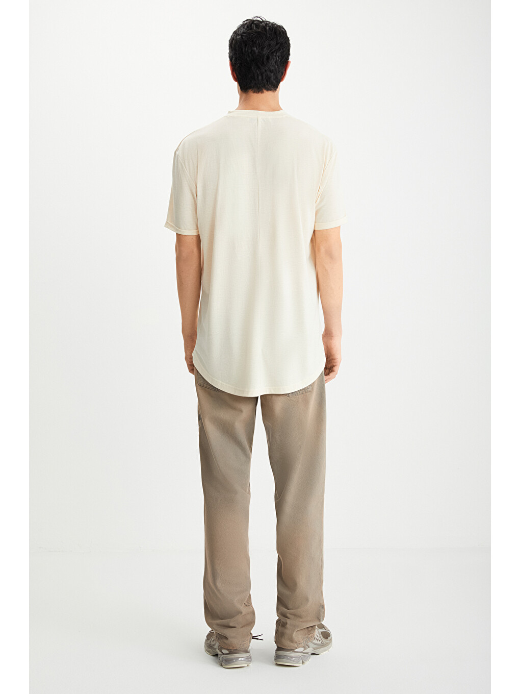 Bej OSCAR Erkek Comfort Fit Uzun Dökümlü Kumaş VANİLYA T-Shirt-4