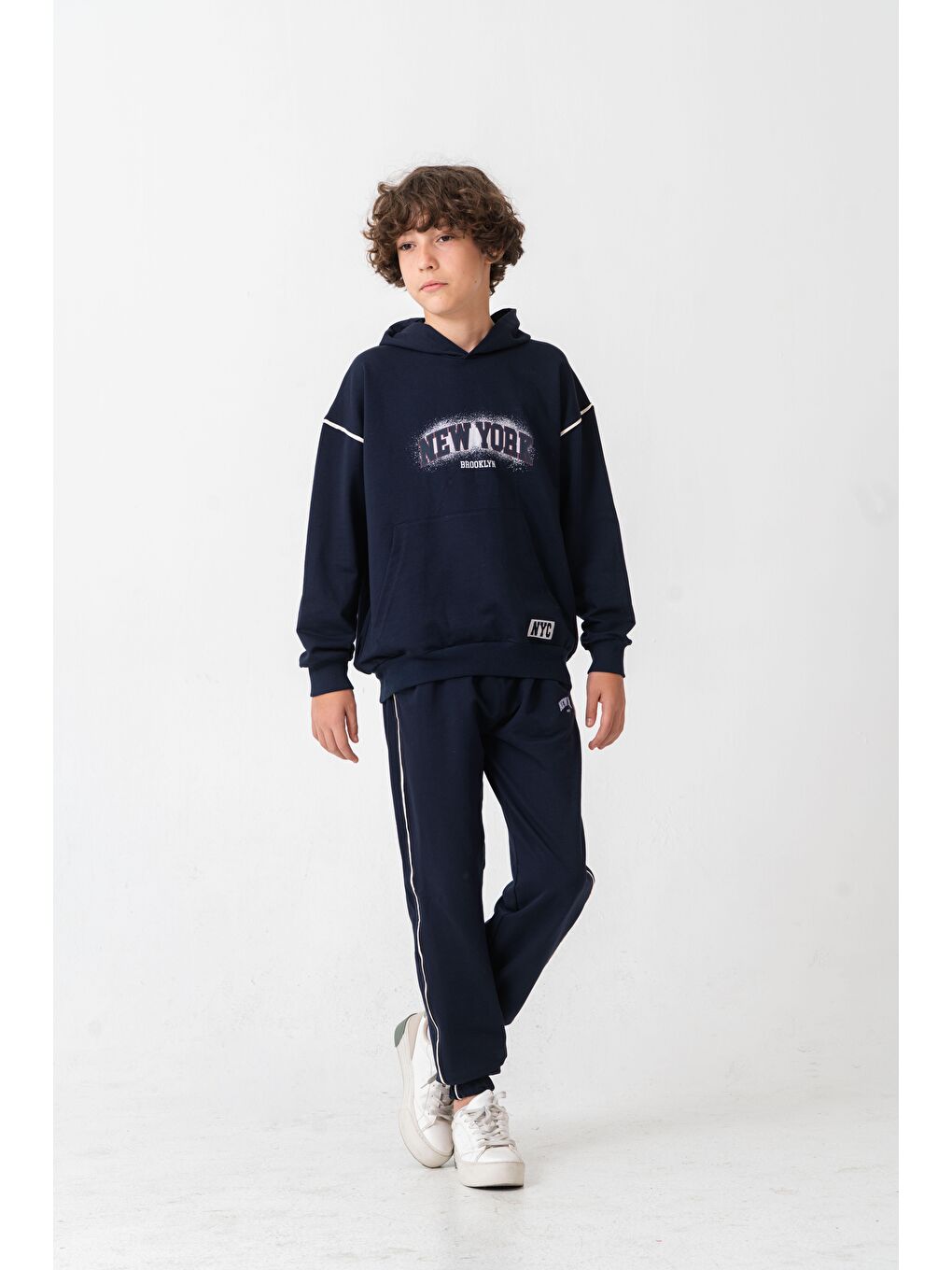 Lacivert New York Brooklyn Baskılı Kanguru Cepli Yan Biyeli Erkek Çocuk Alt Üst Eşofman Takımı-3