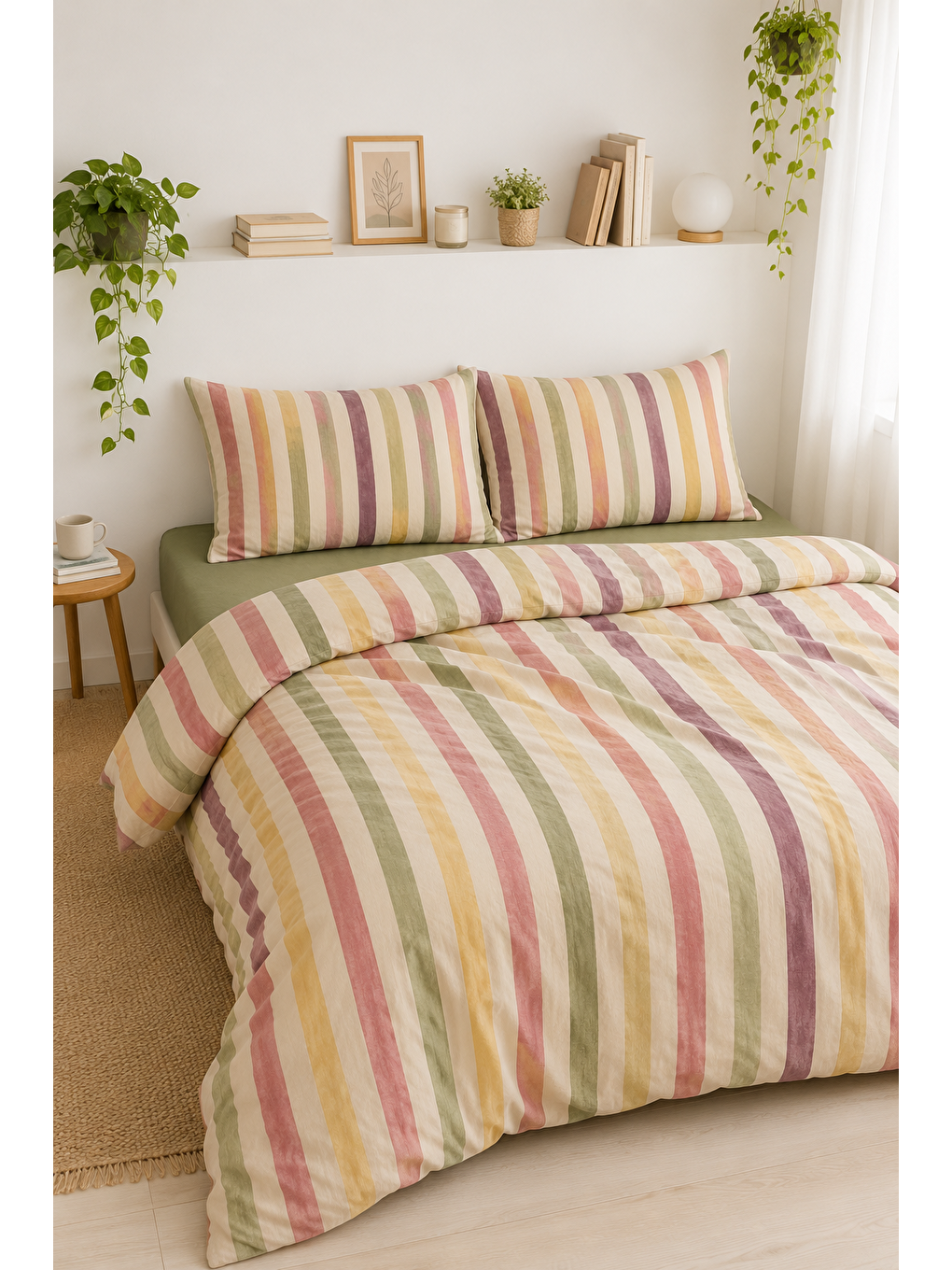 Karışık Çok Renkli Çizgili Nevresim Seti 200x220 Modern Soft Renkli Çift Kişilik Yorgan Kılıfı-4