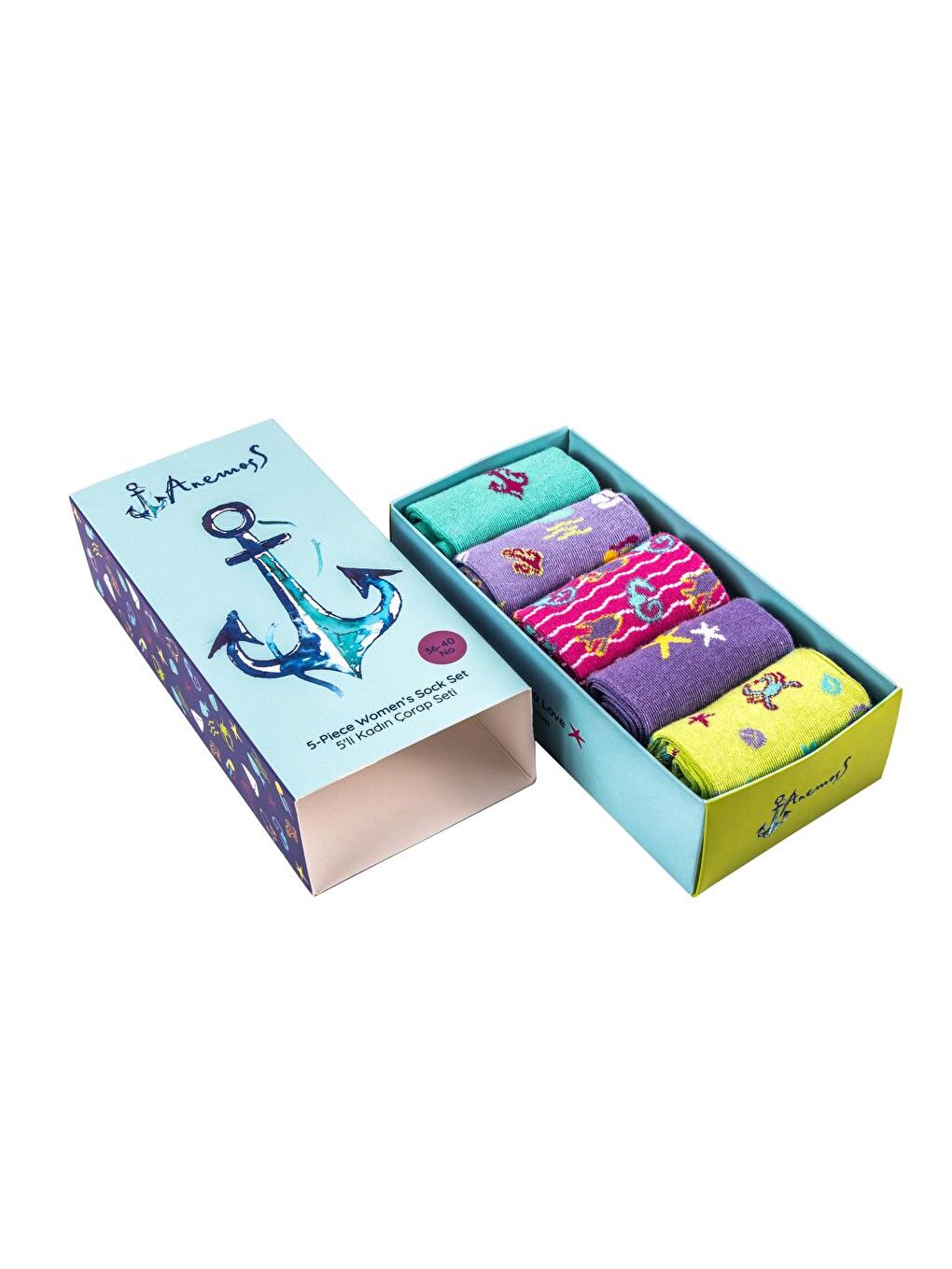 Karışık Kadın 5'li Dikişsiz Soket Çorap Seti, Deniz Temalı Desenler, %85 Pamuk, 36-40 Beden-1