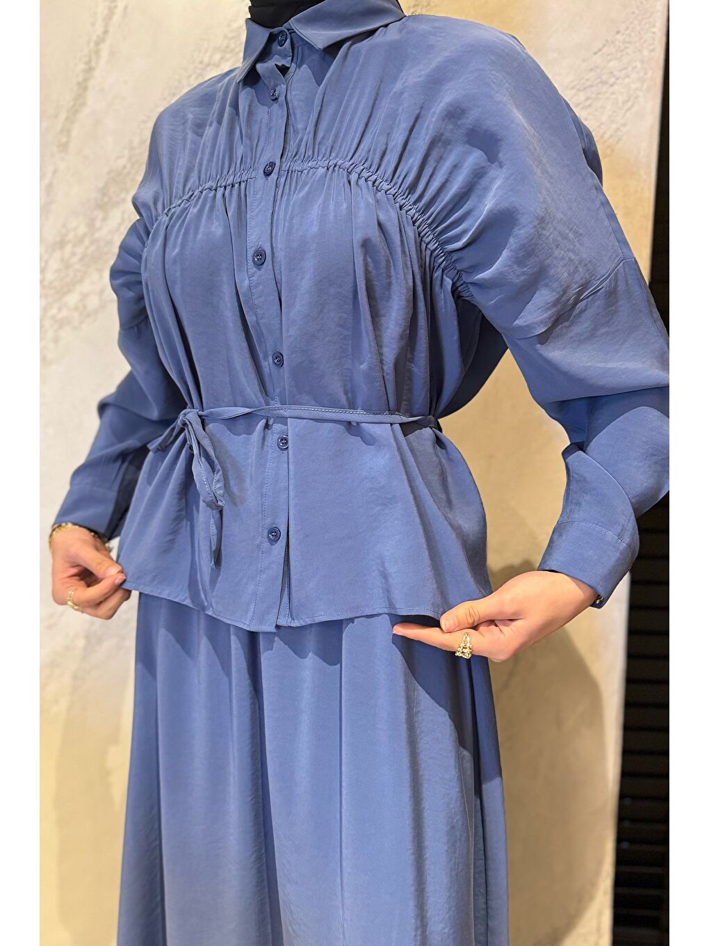 İndigo Kadın Büzgü Detaylı Bel Bağlamalı Tunik Etek İkili Takım-5