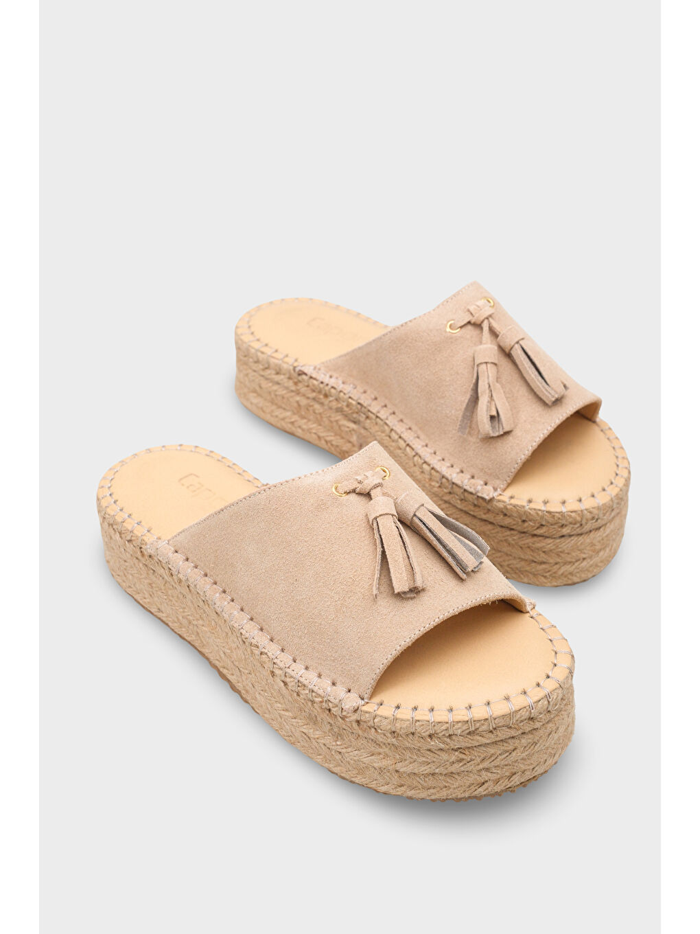 Bej Karon Hakiki Deri Süet Espadril Tabanlı Kadın Terlik-1
