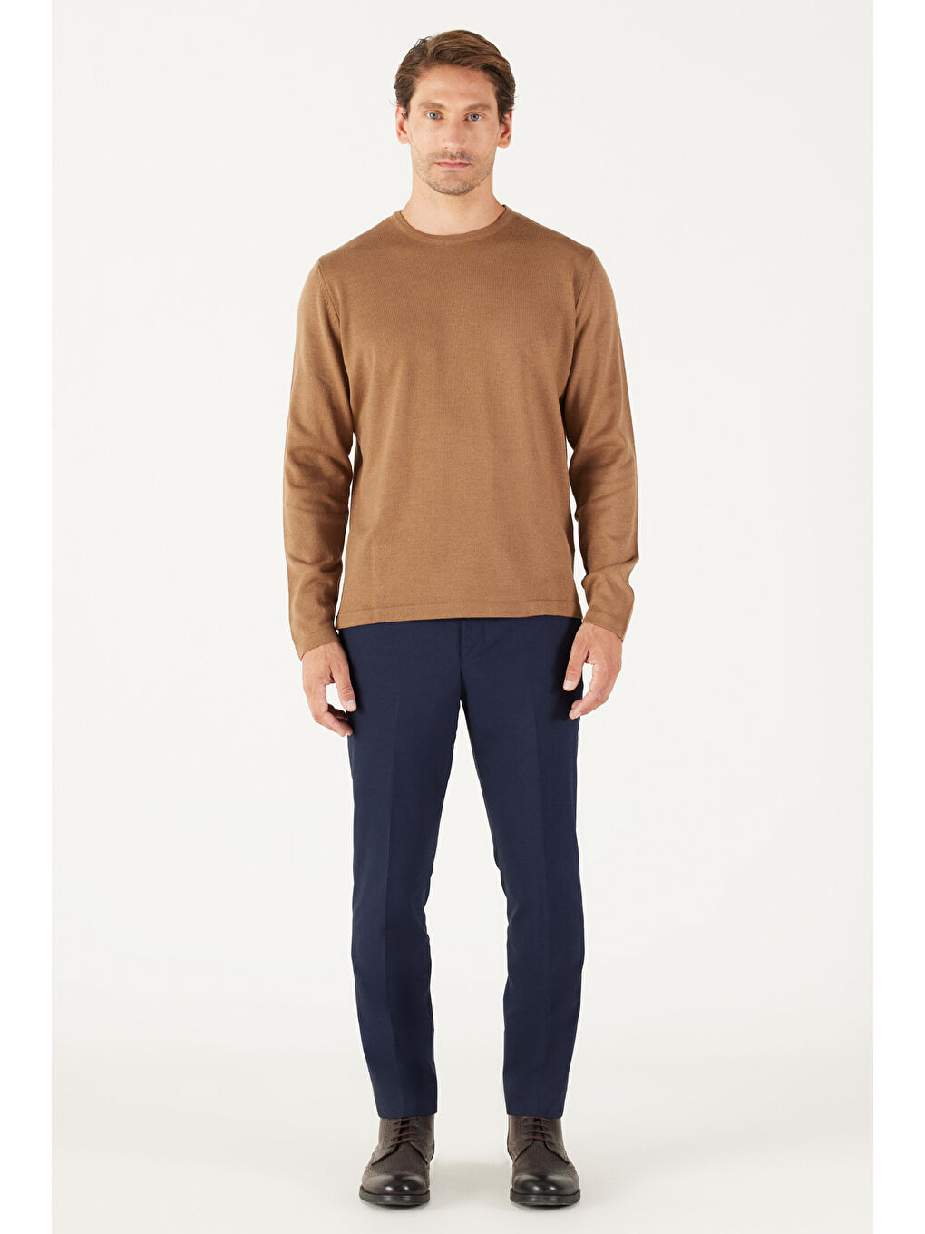 Bej Erkek Vizon Standart Fit Normal Kesim Bisiklet Yaka Triko Kazak-3