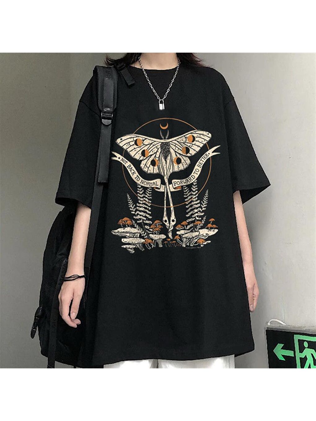 Touz Moda Siyah Butterfly & Mushrooms Siyah Unisex Oversize T-shirt