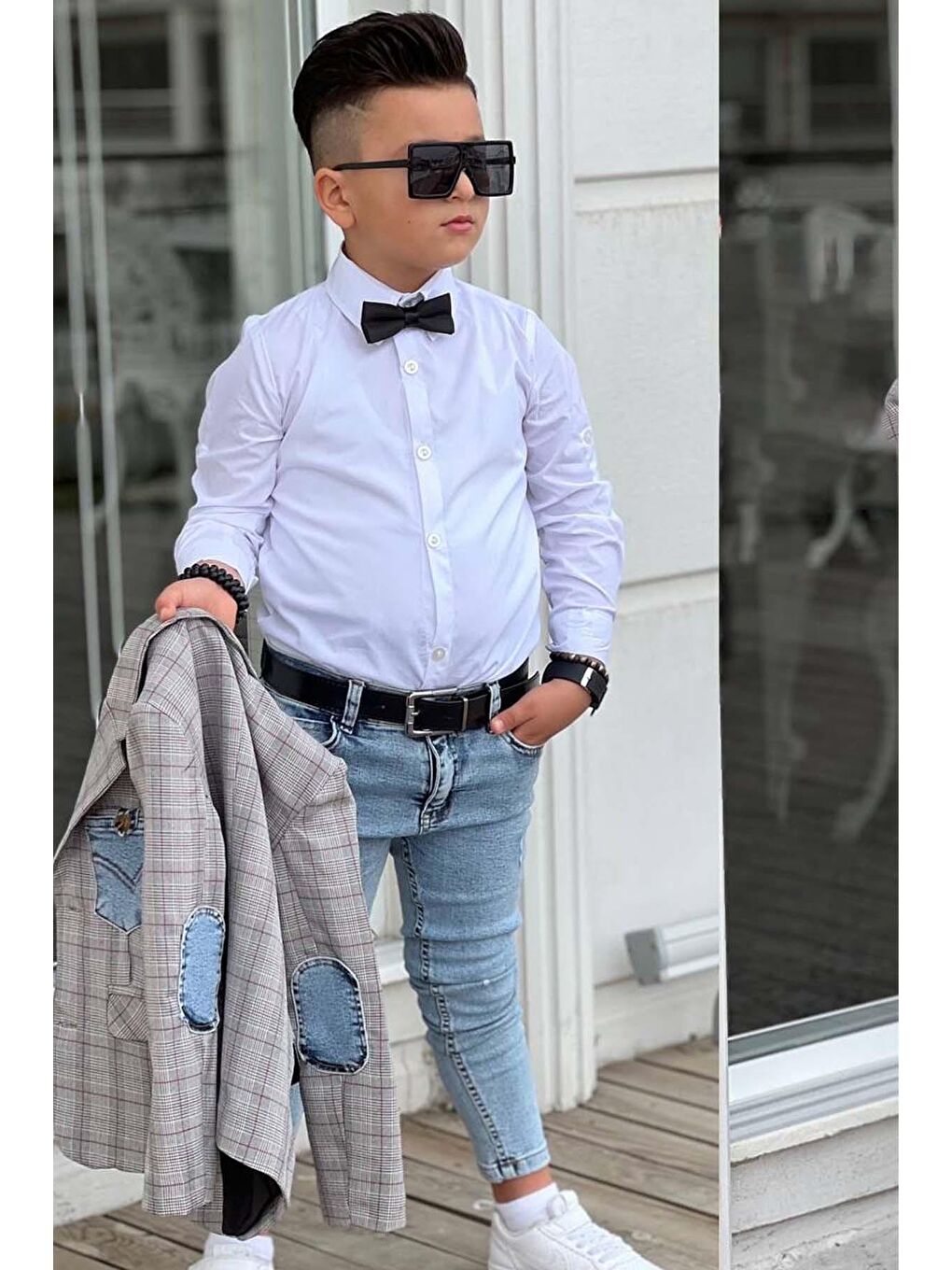 Erkek Çocuk Çizgili Blazer Ceket Kot Pantolon Gri Alt Üst Takım-1