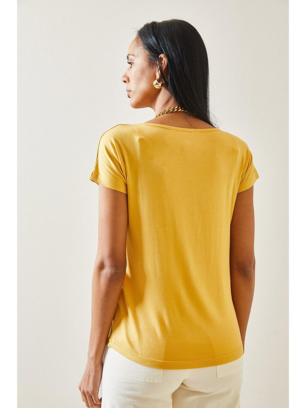 Kahverengi Hardal Dantel Detaylı V Yaka Bluz 0YXK2-43359-37-3