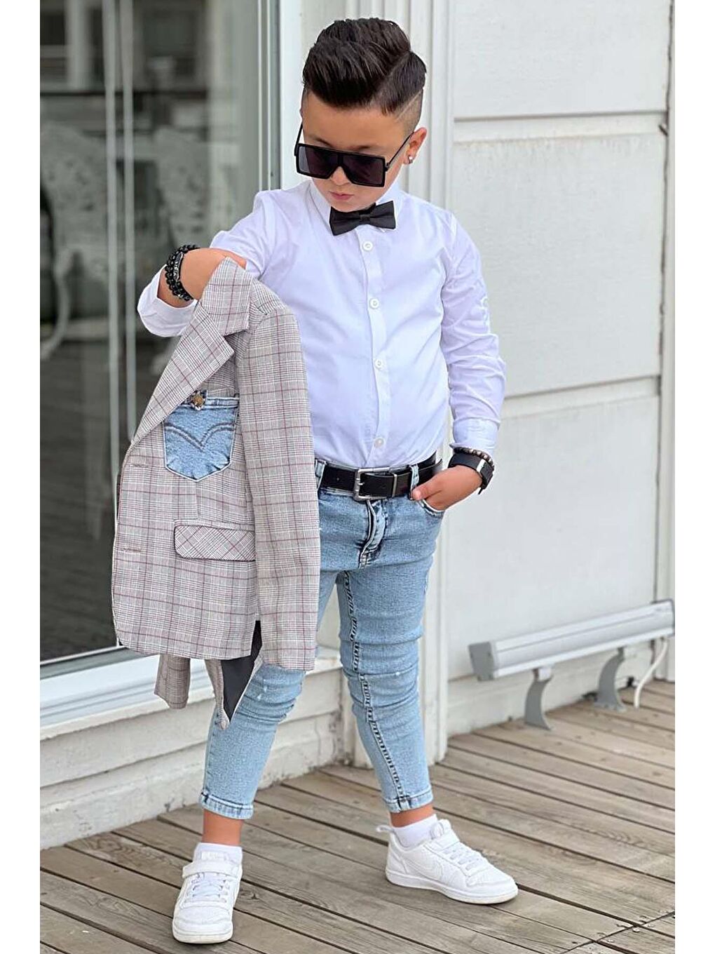 Erkek Çocuk Çizgili Blazer Ceket Kot Pantolon Gri Alt Üst Takım-2