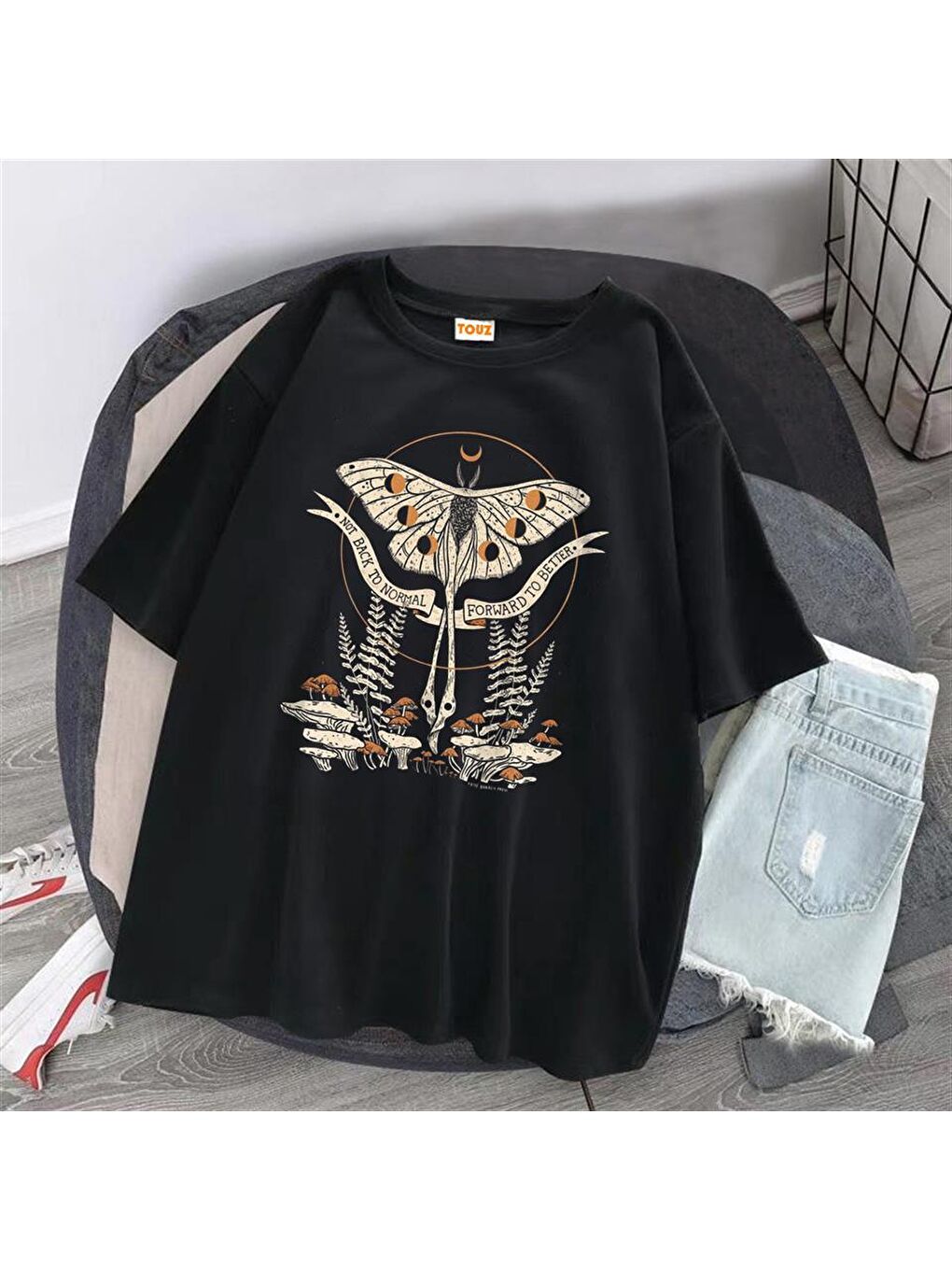 Touz Moda Siyah Butterfly & Mushrooms Siyah Unisex Oversize T-shirt - 1