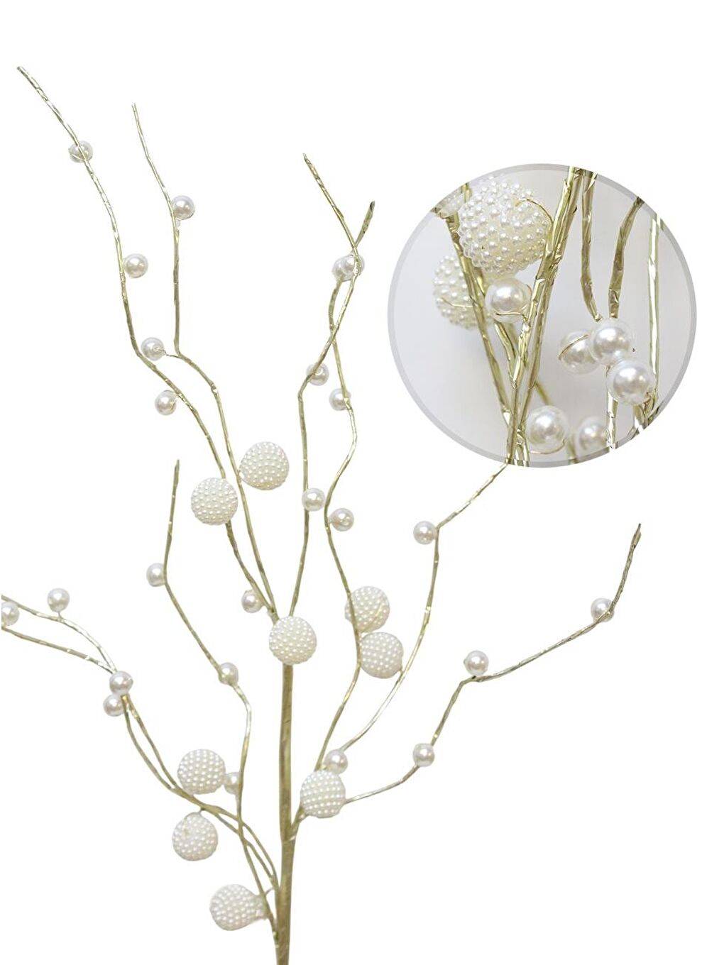 Beyaz Yılbaşı Dekoru İnci Top Detaylı Dekoratif Dal Süsü 75 cm-2