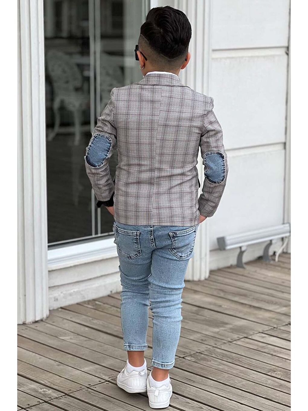 Erkek Çocuk Çizgili Blazer Ceket Kot Pantolon Gri Alt Üst Takım-3