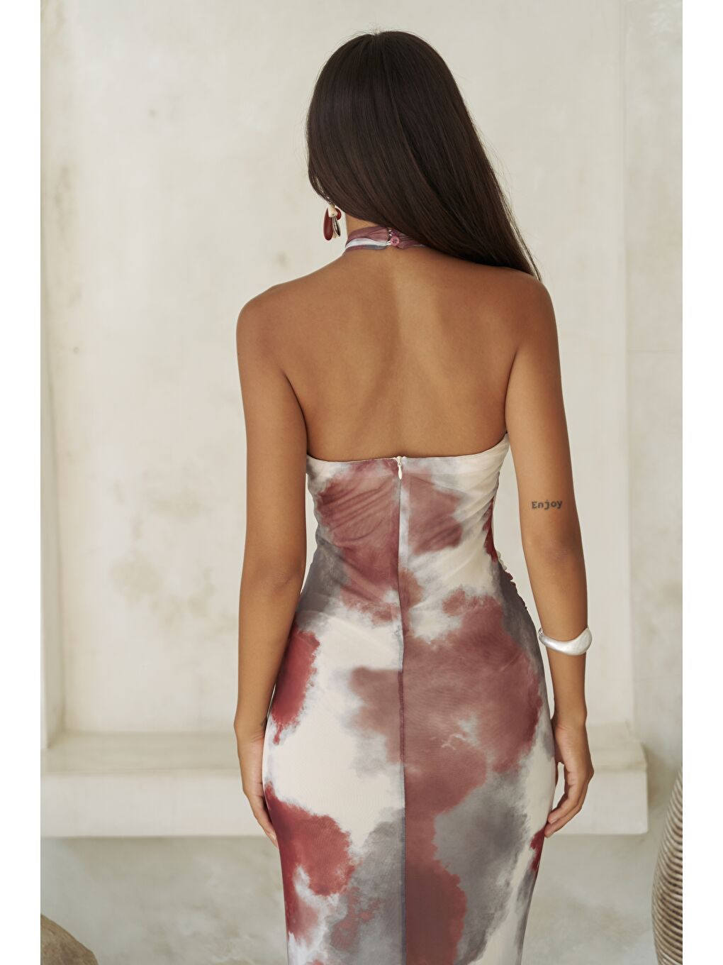 Keefnes Kruvaze Bordo Uzun Elbise-7