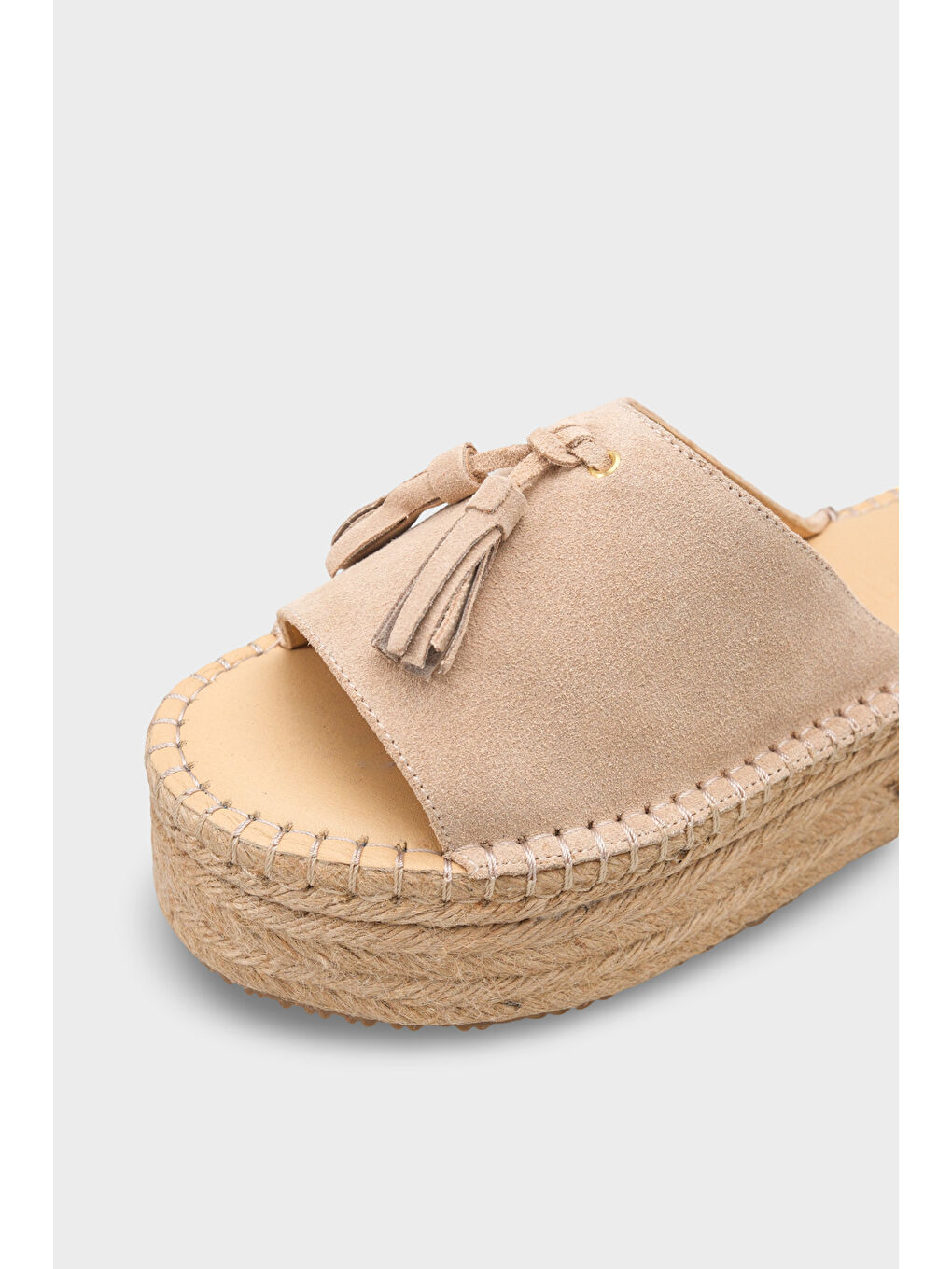 Bej Karon Hakiki Deri Süet Espadril Tabanlı Kadın Terlik-2