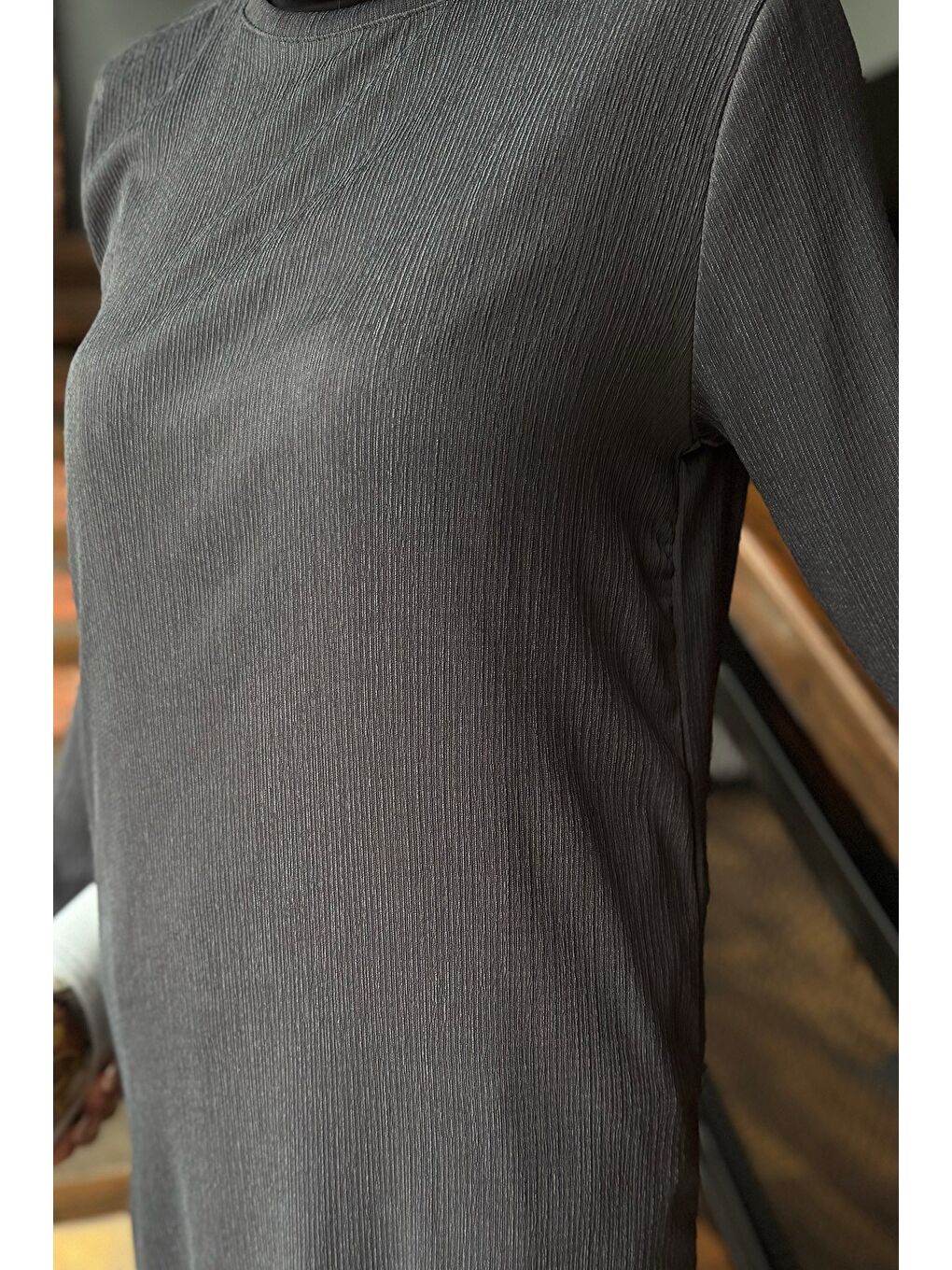 Antrasit Kadın Bisiklet Yaka Yan Yırtmaç Detaylı Tesettür Tunik-5