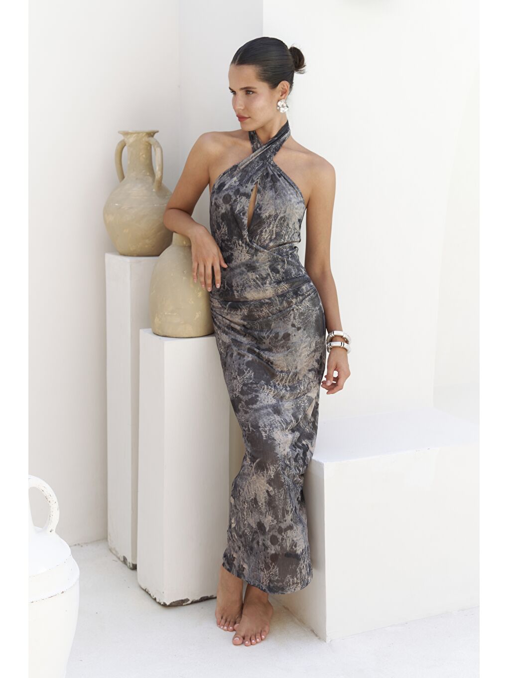 Keefnes Kruvaze Antrasit Uzun Elbise-5