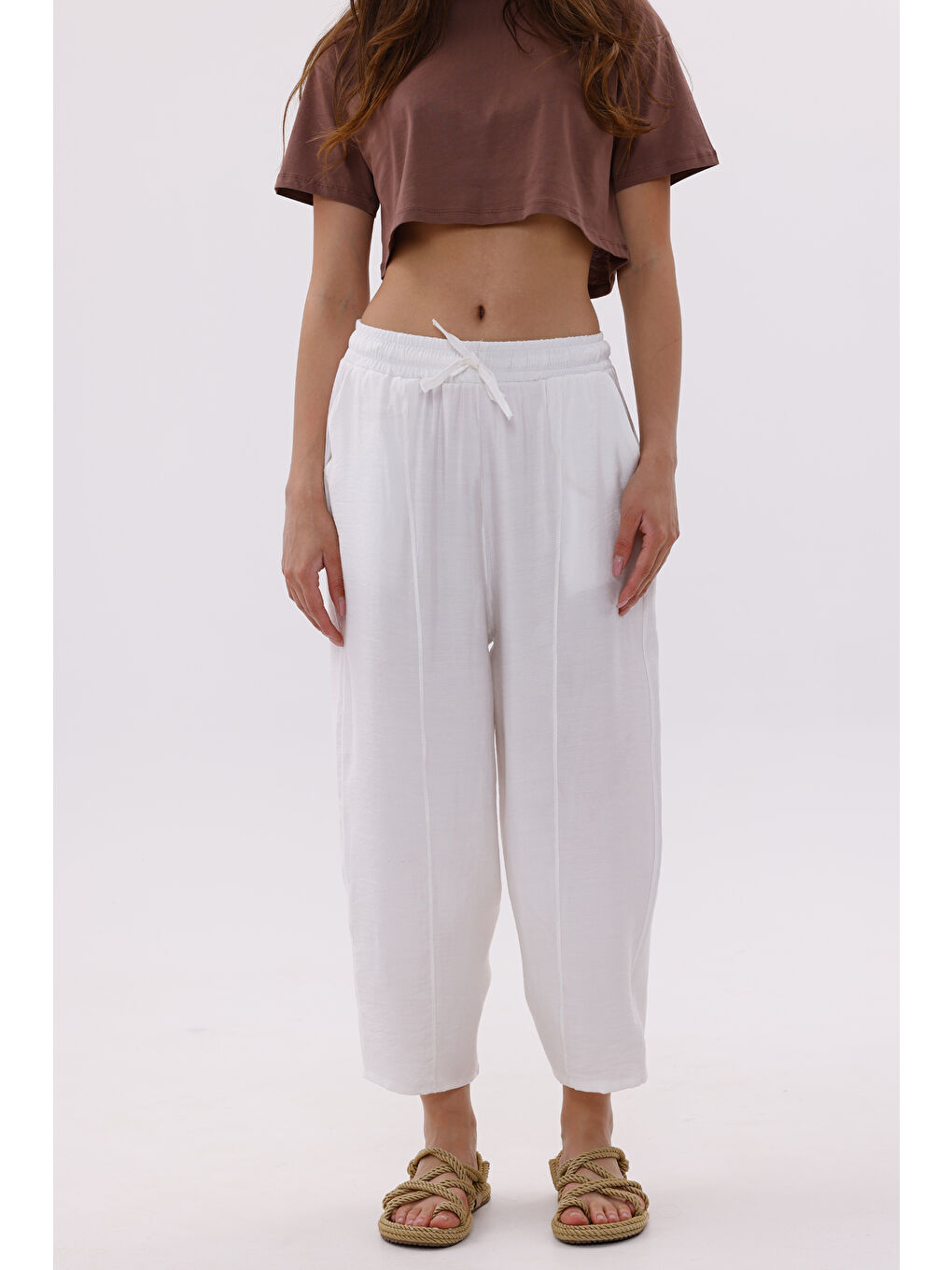 Beyaz Kadın Şalvar Cepli Ayrobin Şalvar Pantolon Ayarlanabilir Beli Lastikli Pantolon KADIN-ŞALVAR-1