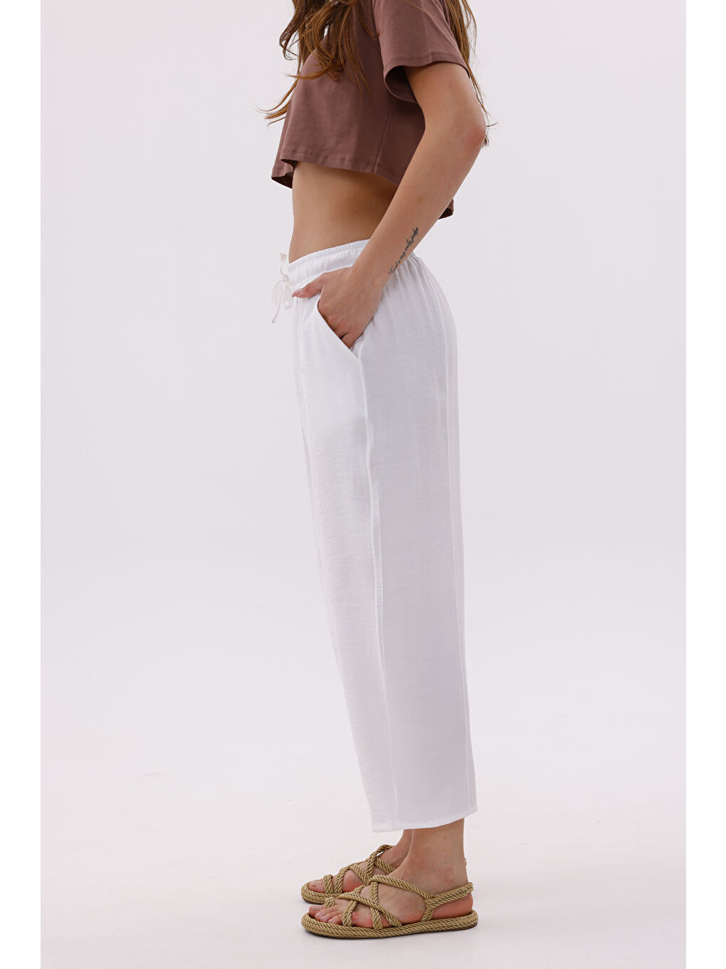Beyaz Kadın Şalvar Cepli Ayrobin Şalvar Pantolon Ayarlanabilir Beli Lastikli Pantolon KADIN-ŞALVAR-2
