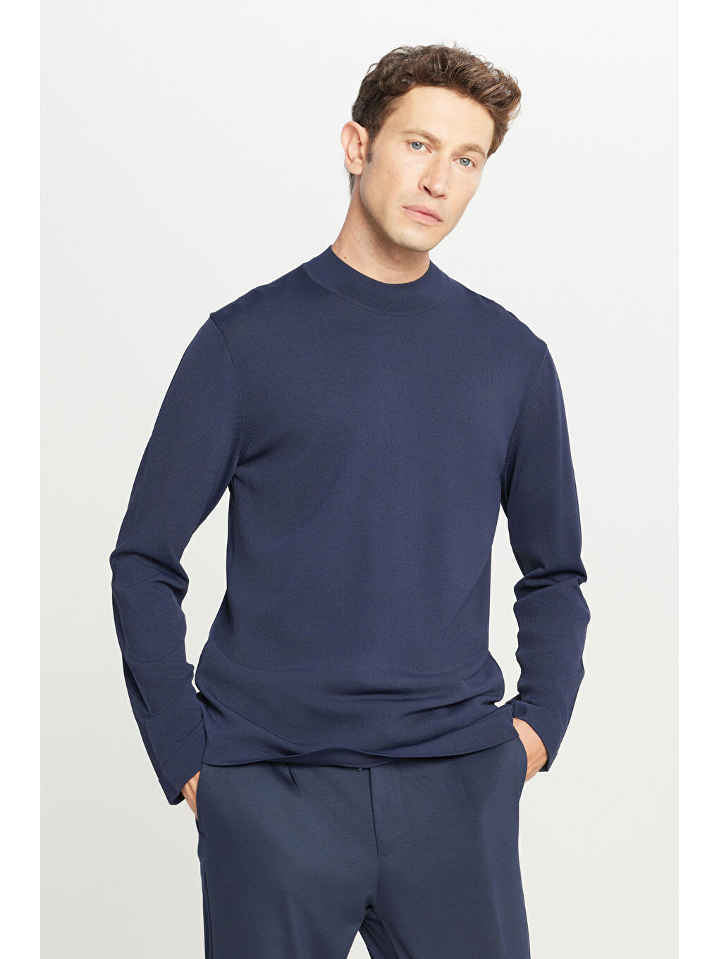 Erkek Lacivert Standart Fit Normal Kesim Yarım Balıkçı Yaka Basic Triko Kazak-2