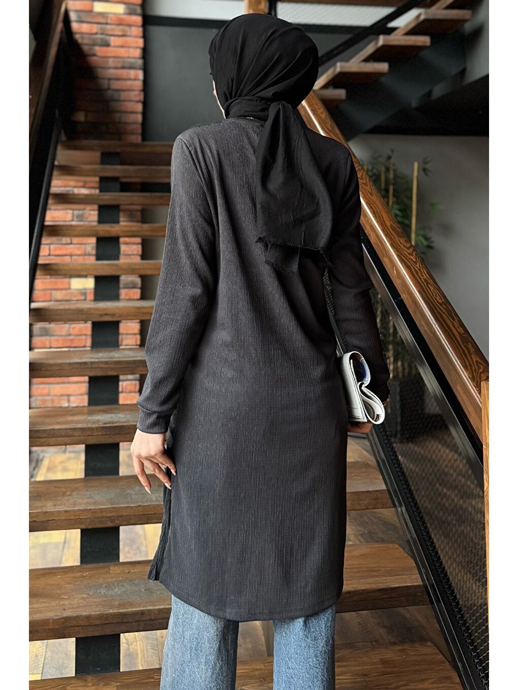 Antrasit Kadın Bisiklet Yaka Yan Yırtmaç Detaylı Tesettür Tunik-7