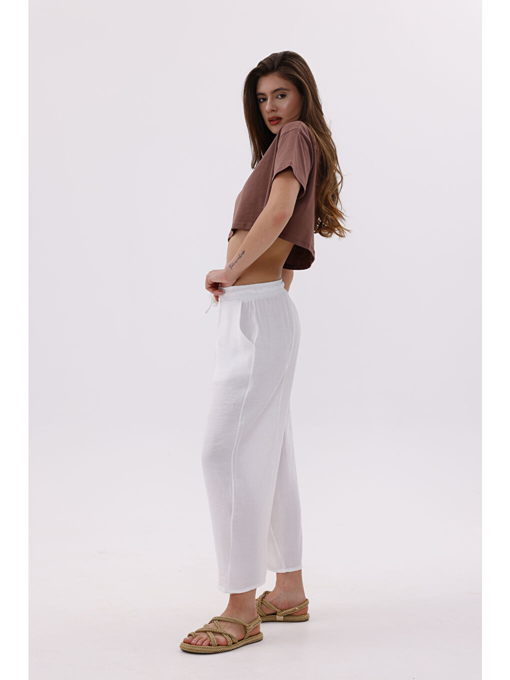 Beyaz Kadın Şalvar Cepli Ayrobin Şalvar Pantolon Ayarlanabilir Beli Lastikli Pantolon KADIN-ŞALVAR-3