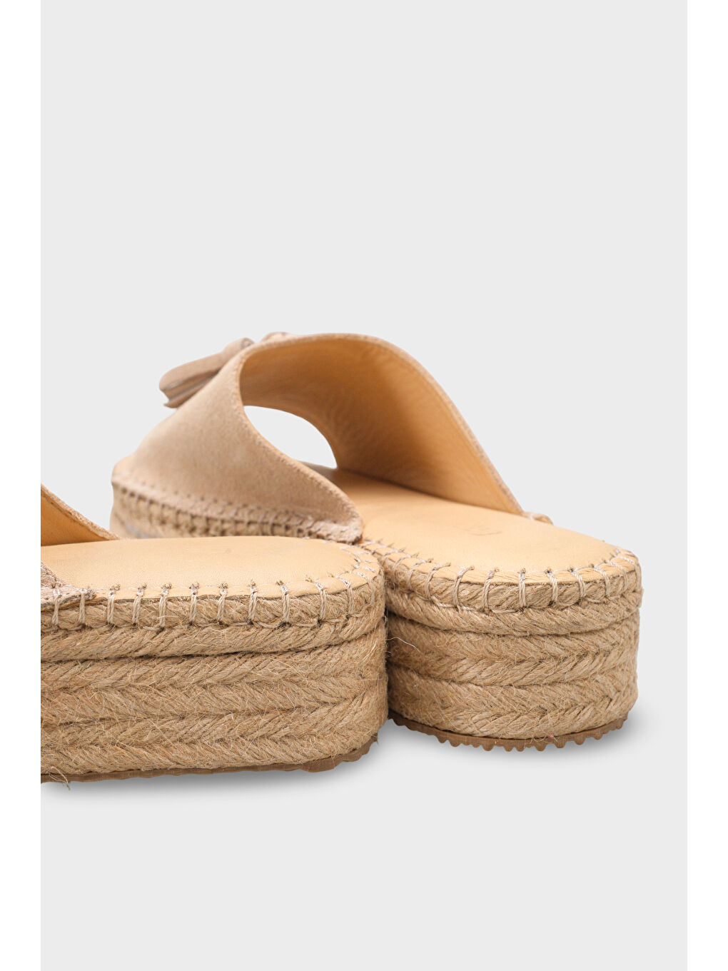 Bej Karon Hakiki Deri Süet Espadril Tabanlı Kadın Terlik-3