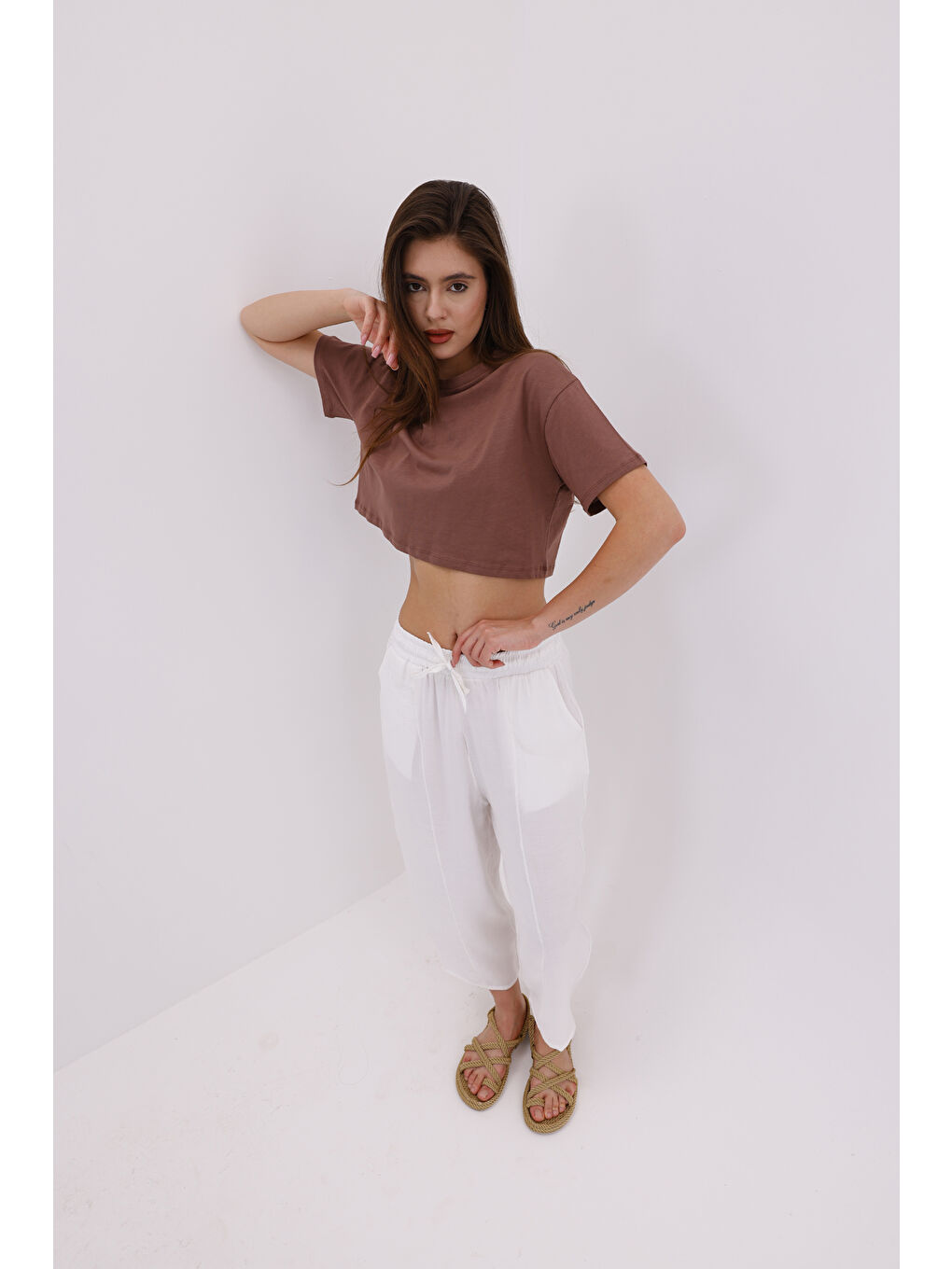 Beyaz Kadın Şalvar Cepli Ayrobin Şalvar Pantolon Ayarlanabilir Beli Lastikli Pantolon KADIN-ŞALVAR-4