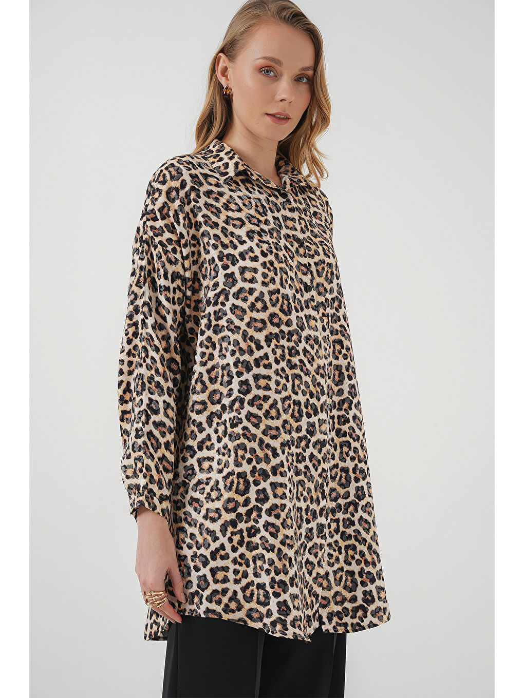 5944 Desenli Uzun Gömlek Tunik - Bej-2