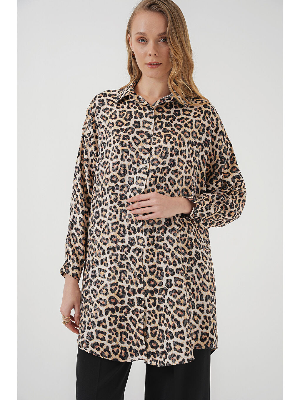 5944 Desenli Uzun Gömlek Tunik - Bej-3