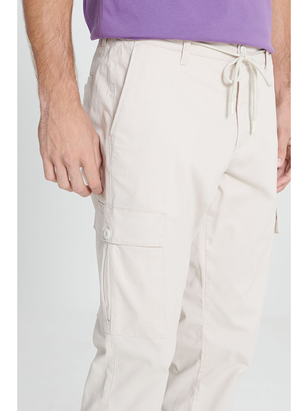 Bej Erkek Taş Comfort Fit Rahat Kesim Pamuklu Esnek Yan Cepli Kargo Pantolon-5