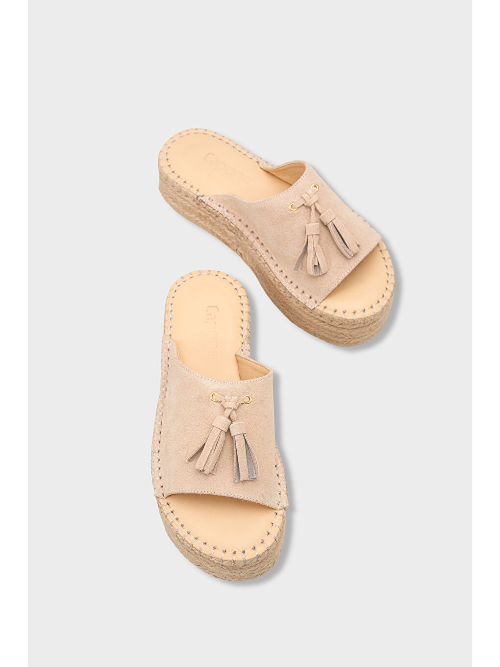 Bej Karon Hakiki Deri Süet Espadril Tabanlı Kadın Terlik-5