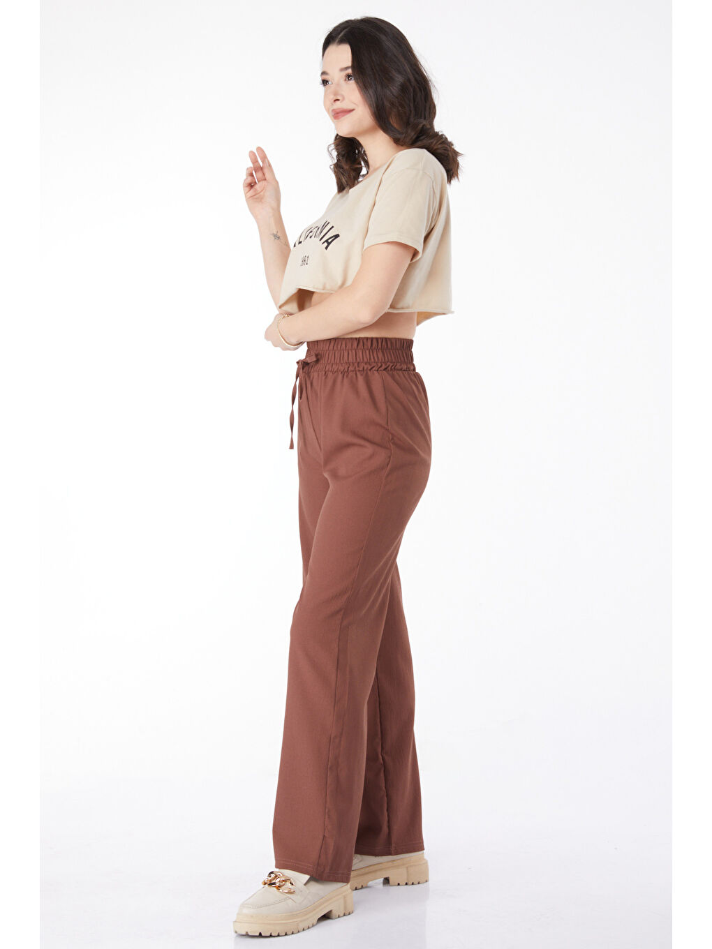 Kahverengi Beli Lastikli Pantolon Kahve - 27074-3