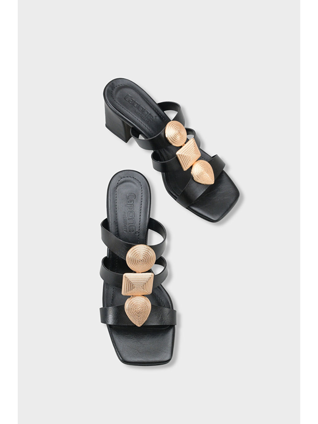 Siyah Lacey Küt Burunlu Metal Aksesuarlı Orta Topuklu Kadın Terlik-5