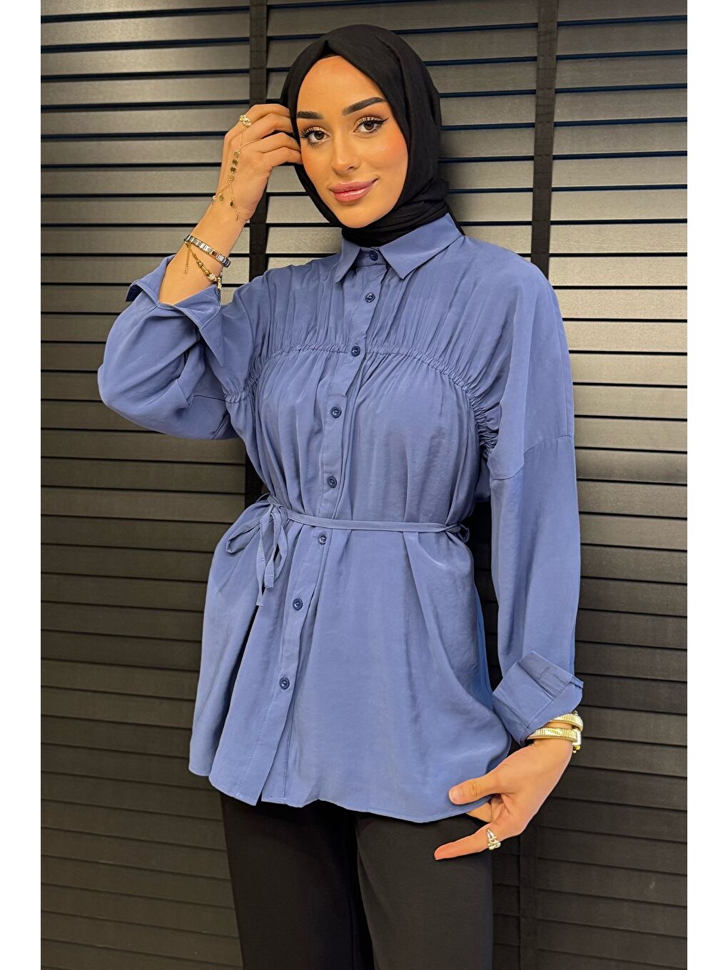 İndigo Kadın Ön Büzgü Detaylı Bel Bağlamalı Tesettür Tunik-1