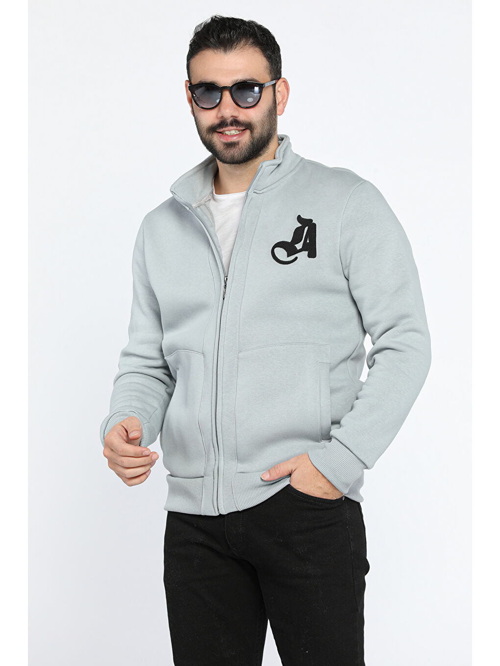 Mishar İtalia Gri Erkek Nakışlı Fermuarlı Şardonlu Üç İplik Sweatshirt