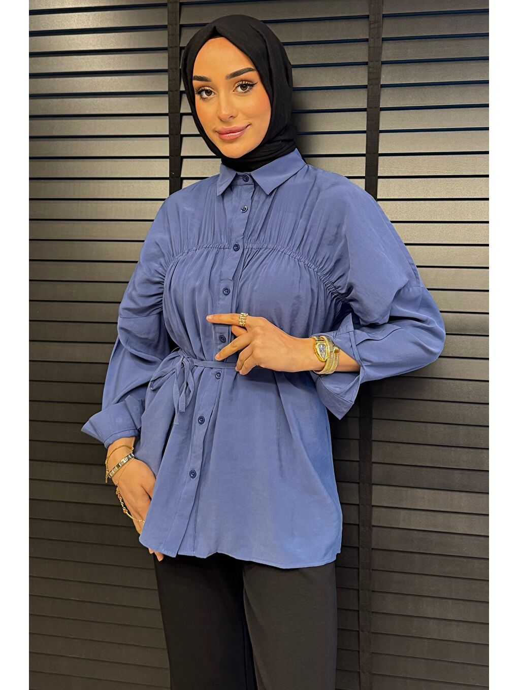 İndigo Kadın Ön Büzgü Detaylı Bel Bağlamalı Tesettür Tunik-3