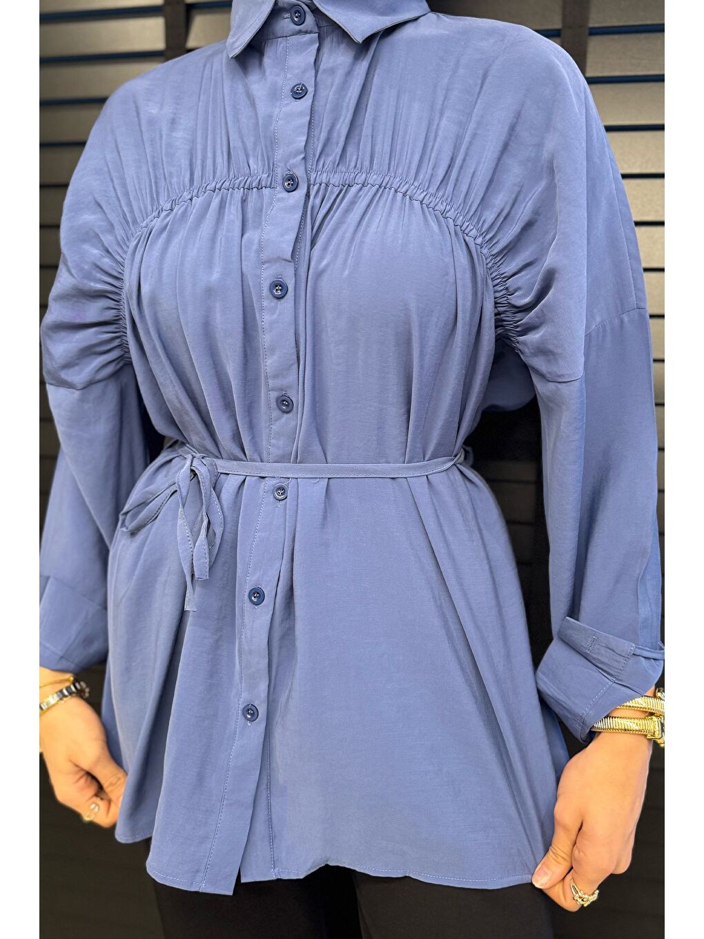 İndigo Kadın Ön Büzgü Detaylı Bel Bağlamalı Tesettür Tunik-4