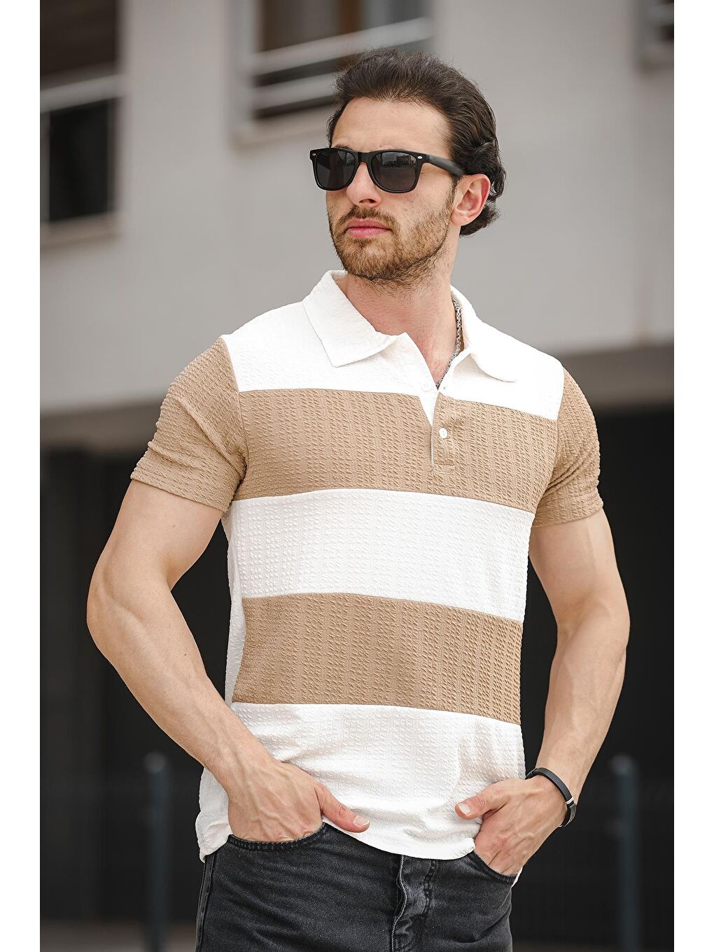 Kahverengi Polo Yaka Kısa Kollu Erkek Tişört-1