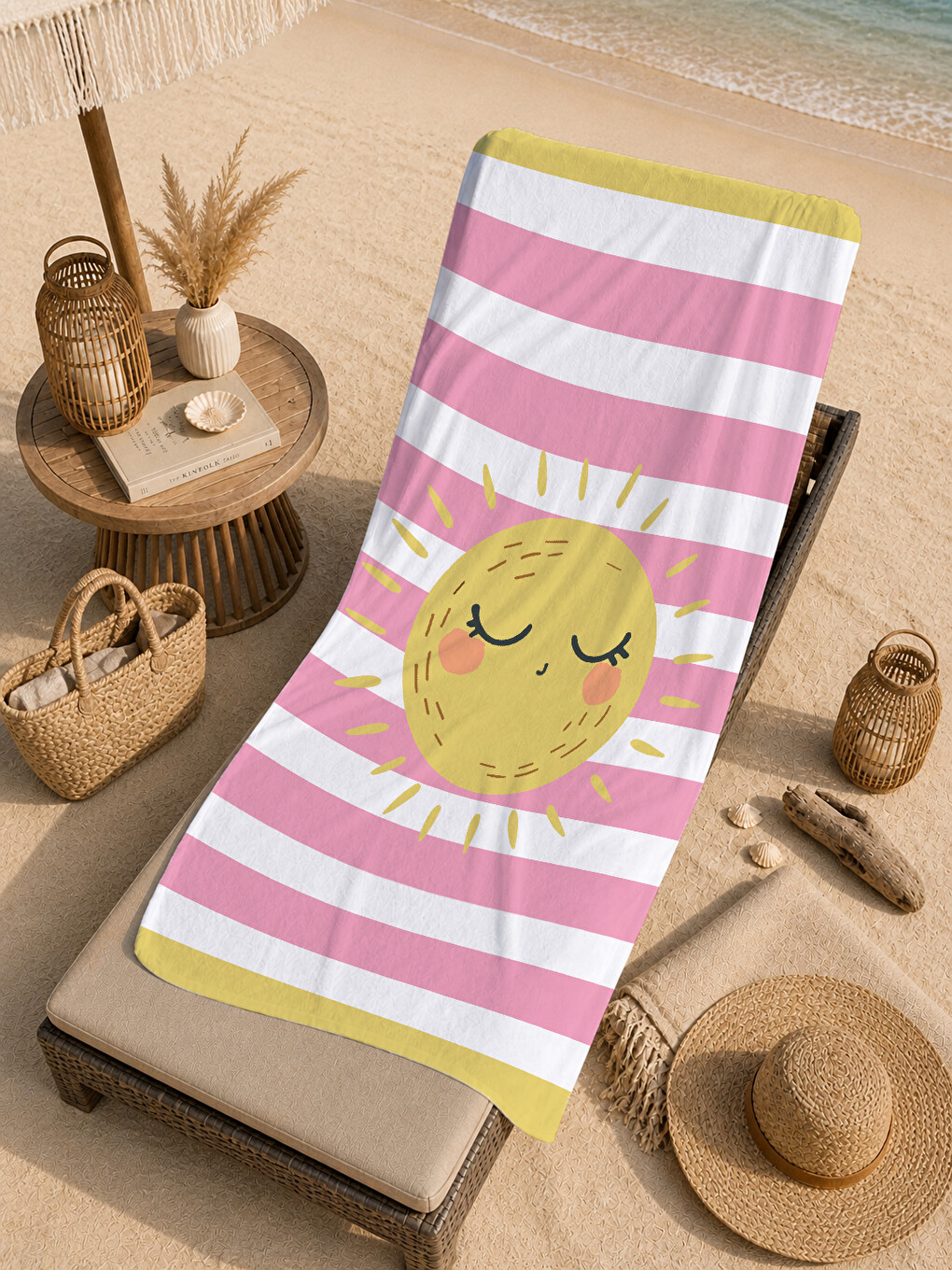 Milbay Grup Pembe Beyaz Çizgili Gülen Güneş Desenli 70x150 Cm Dijital Plaj Ve Banyo Havlusu-37390-4